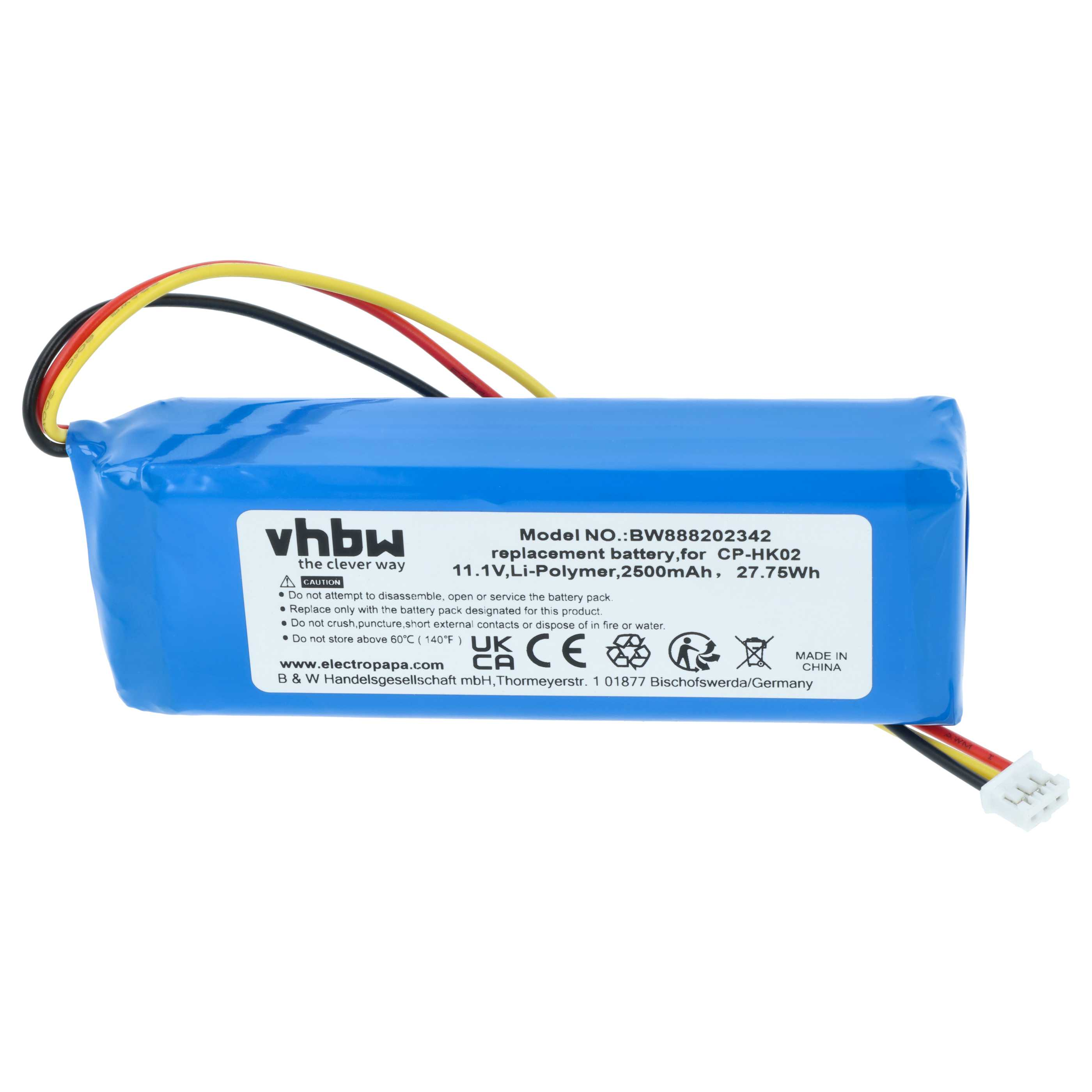 Blauer Lithium-Polymer-Akku mit Kabeln und Beschriftung, Modell BW888202342.