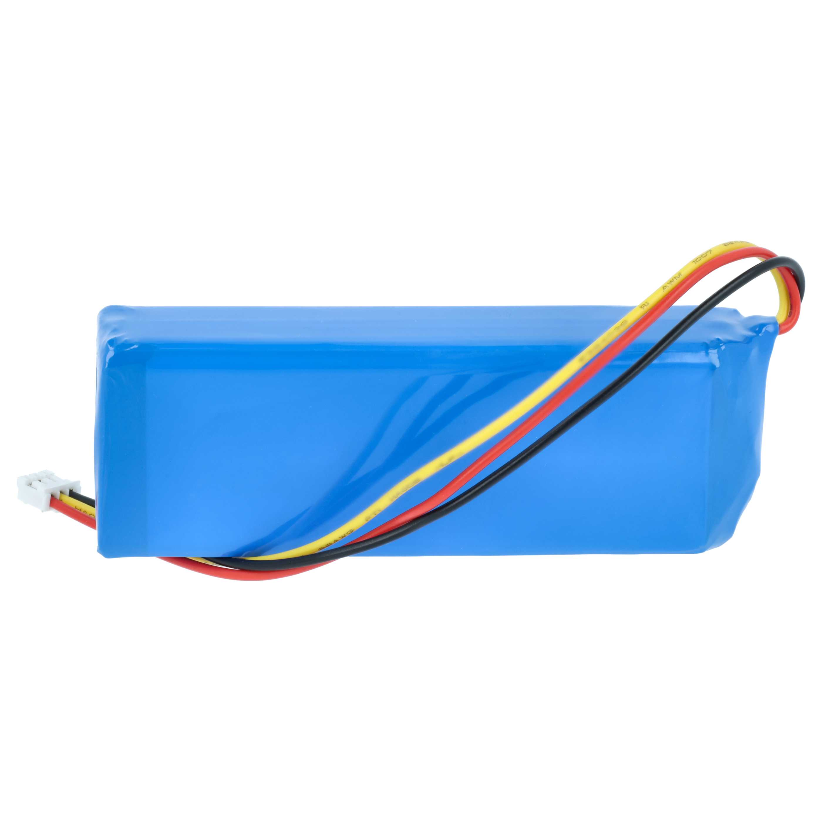 Blauer Akku mit roten, gelben und schwarzen Kabeln, weißem Stecker.