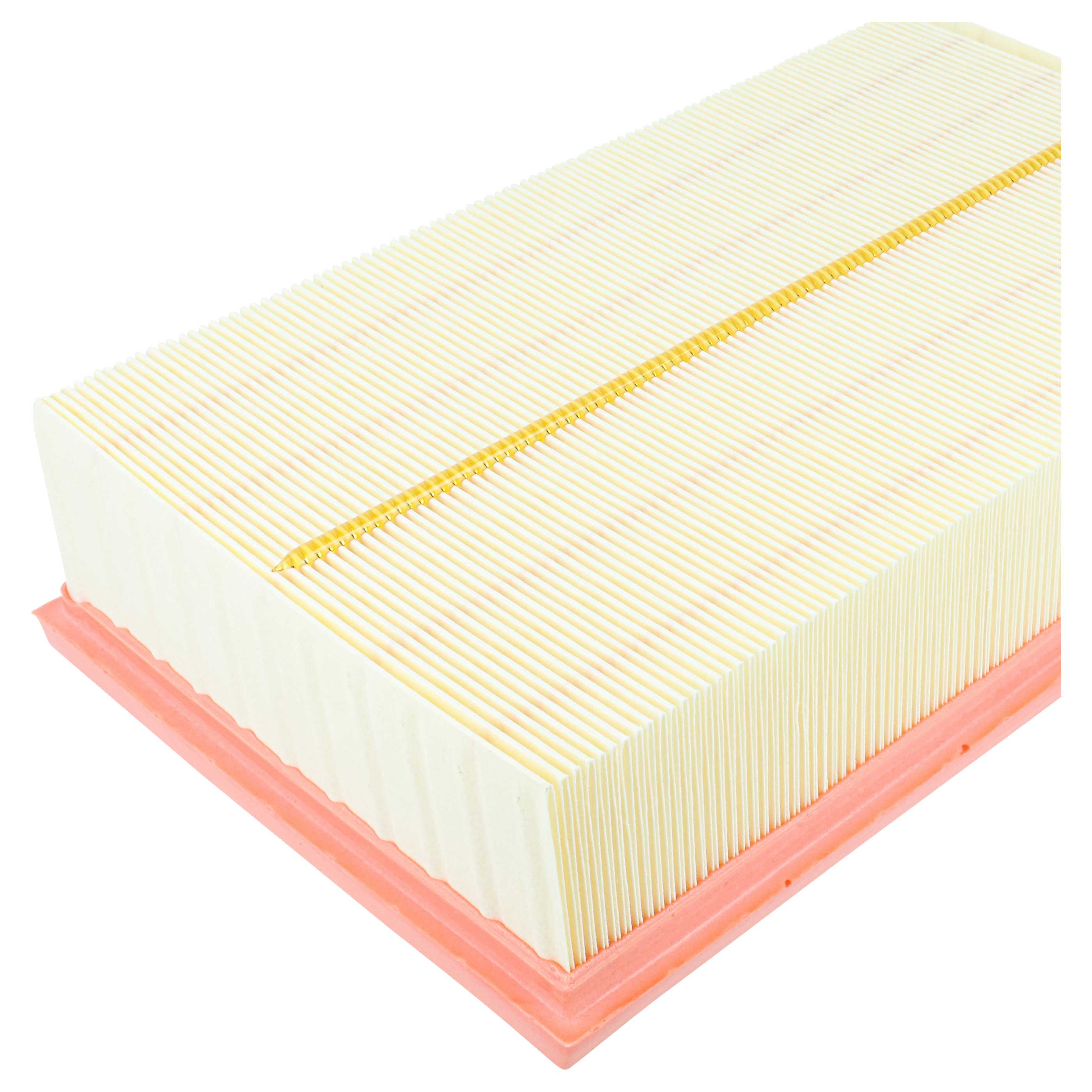 Ein rechteckiger, beiger Luftfilter mit gefaltetem Papierelement und rosa Gummidichtung.