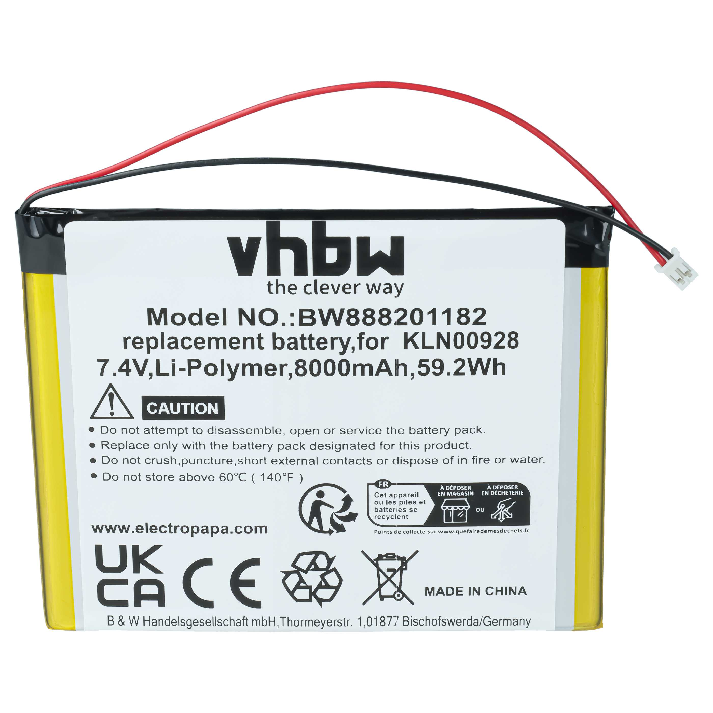 Gelber Akku mit weißem Etikett, Modell BW888201182, 7.4V, 8000mAh.