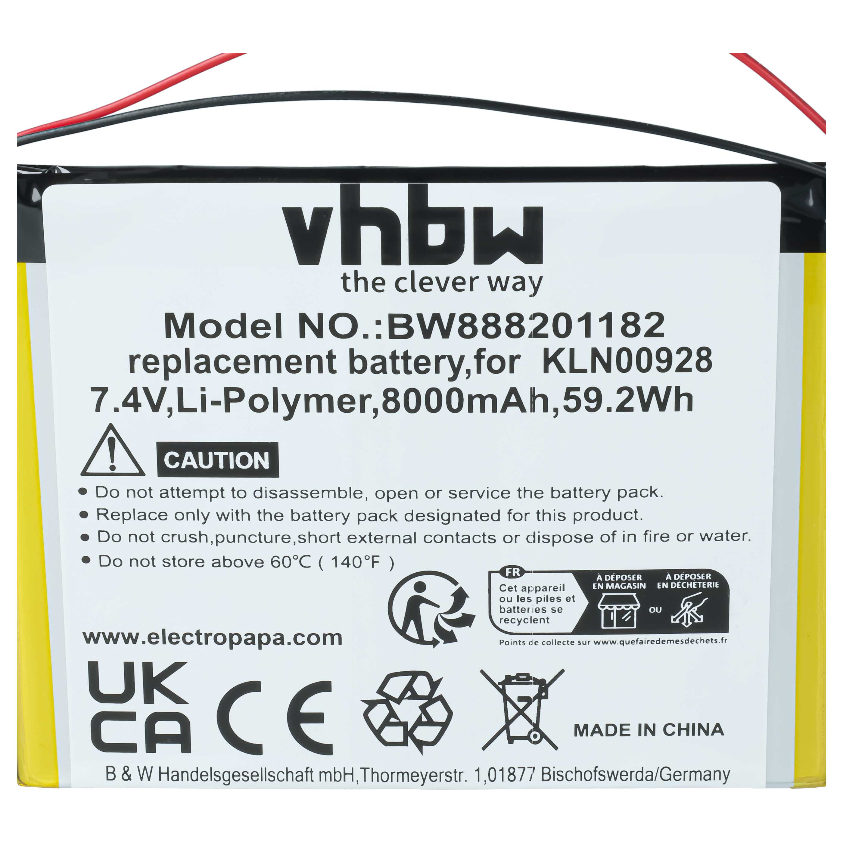 Ein vhbw Ersatzakku für KLN00928, 7.4V, 8000mAh, mit Warnhinweisen.