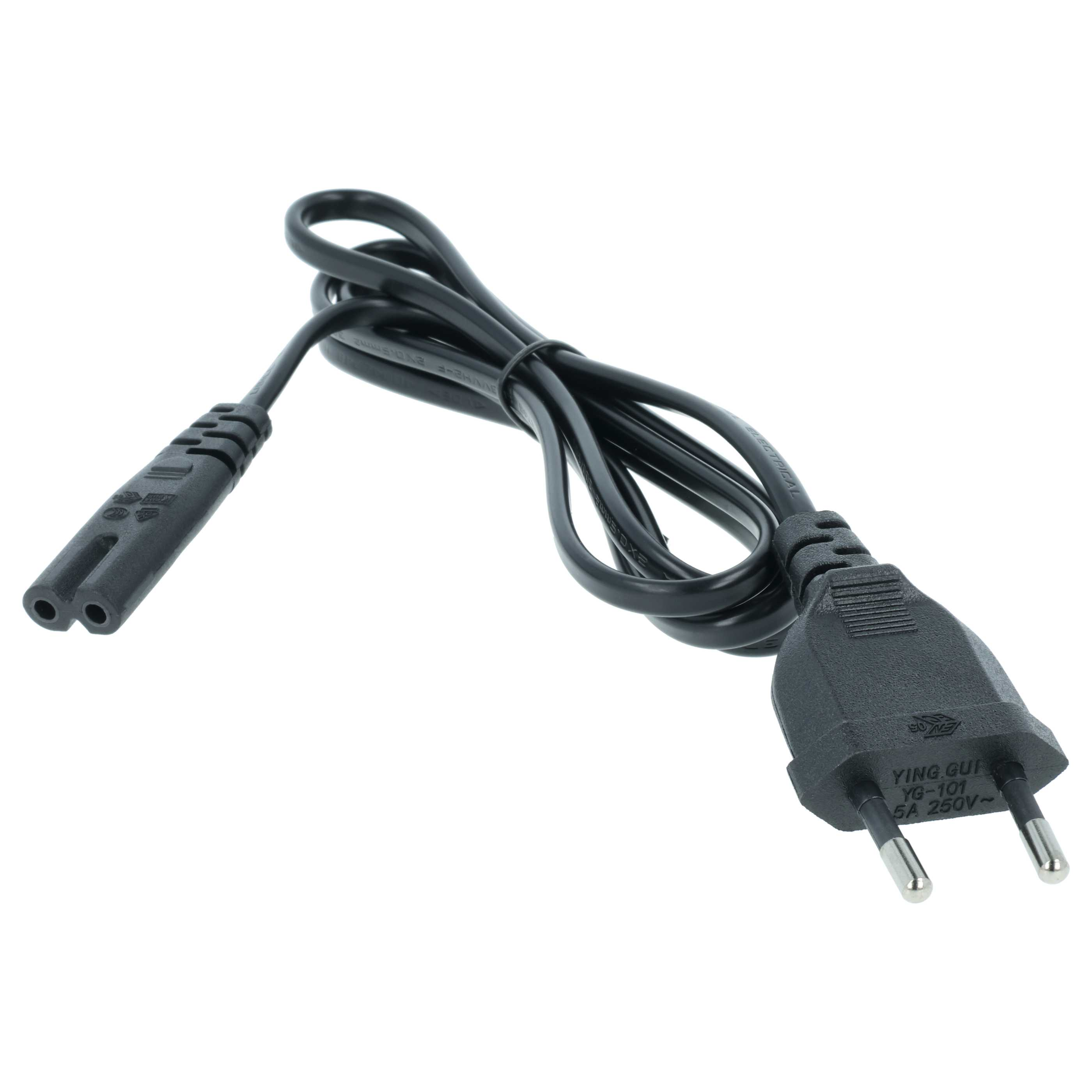 Ein schwarzes Stromkabel mit Eurostecker und C7-Stecker.
