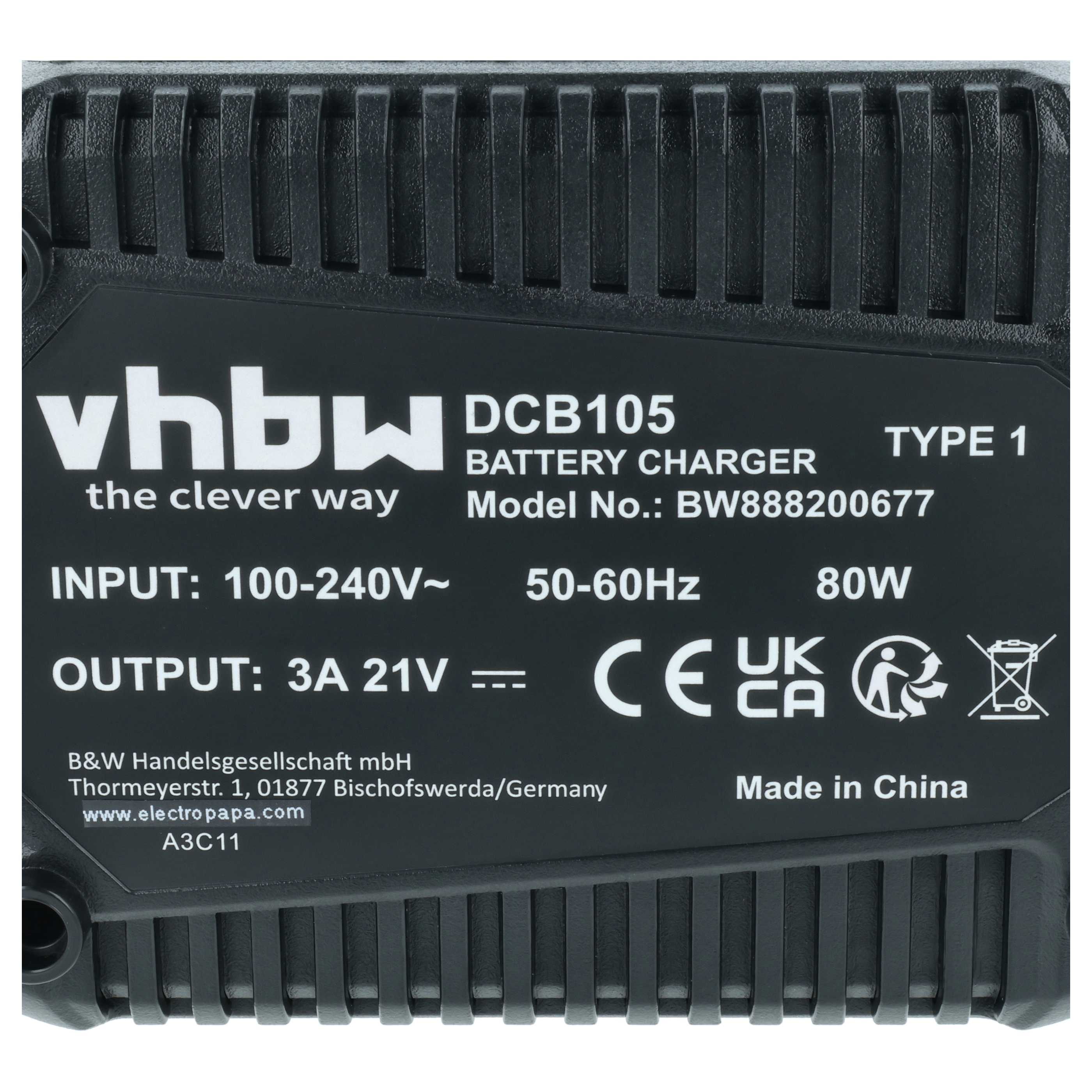 Schwarzes Netzteil mit Aufschriften: vhbw DCB105, Typ 1, 80W, Made in China.