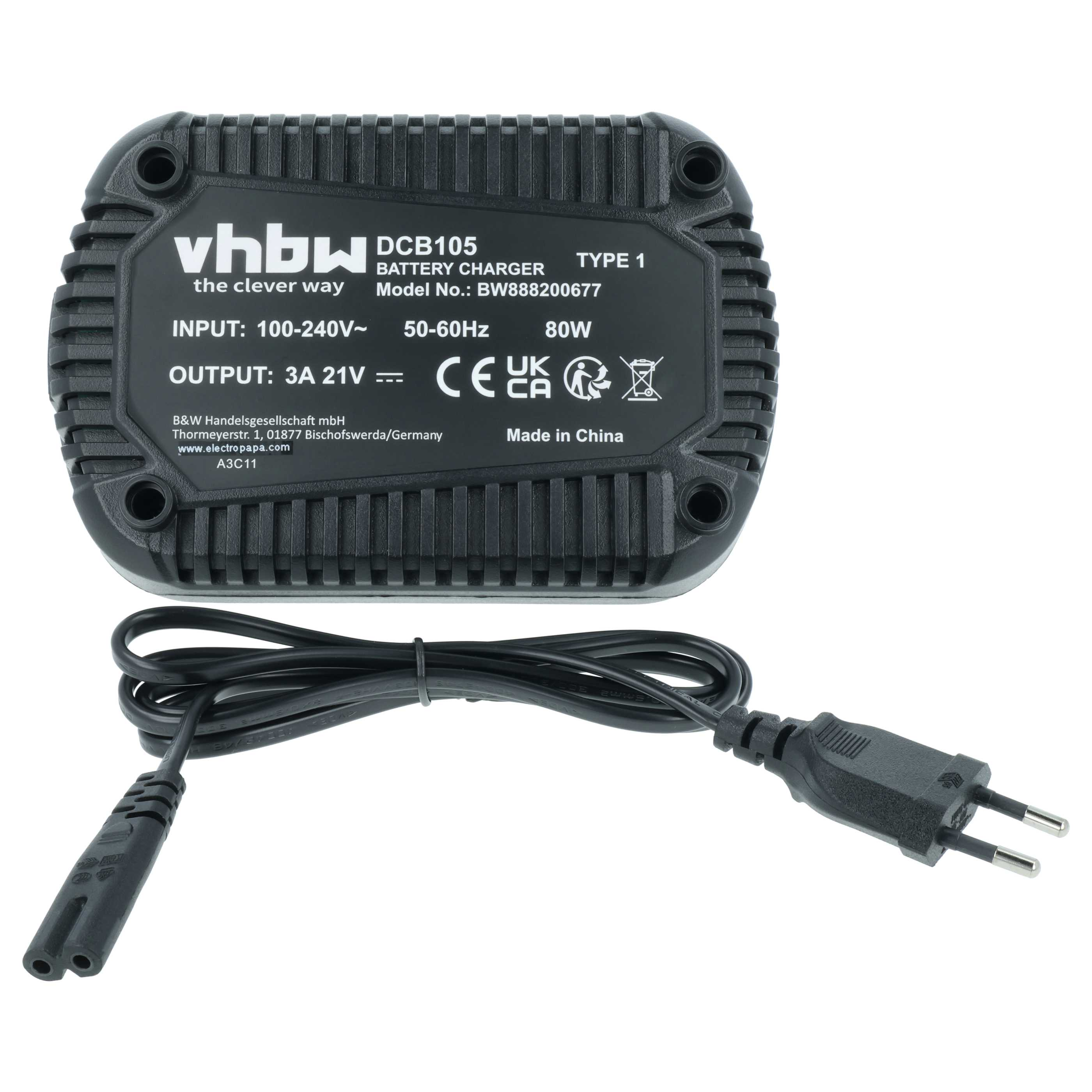 Schwarzes Ladegerät mit Kabel, Modell vhbw DCB105, Made in China.