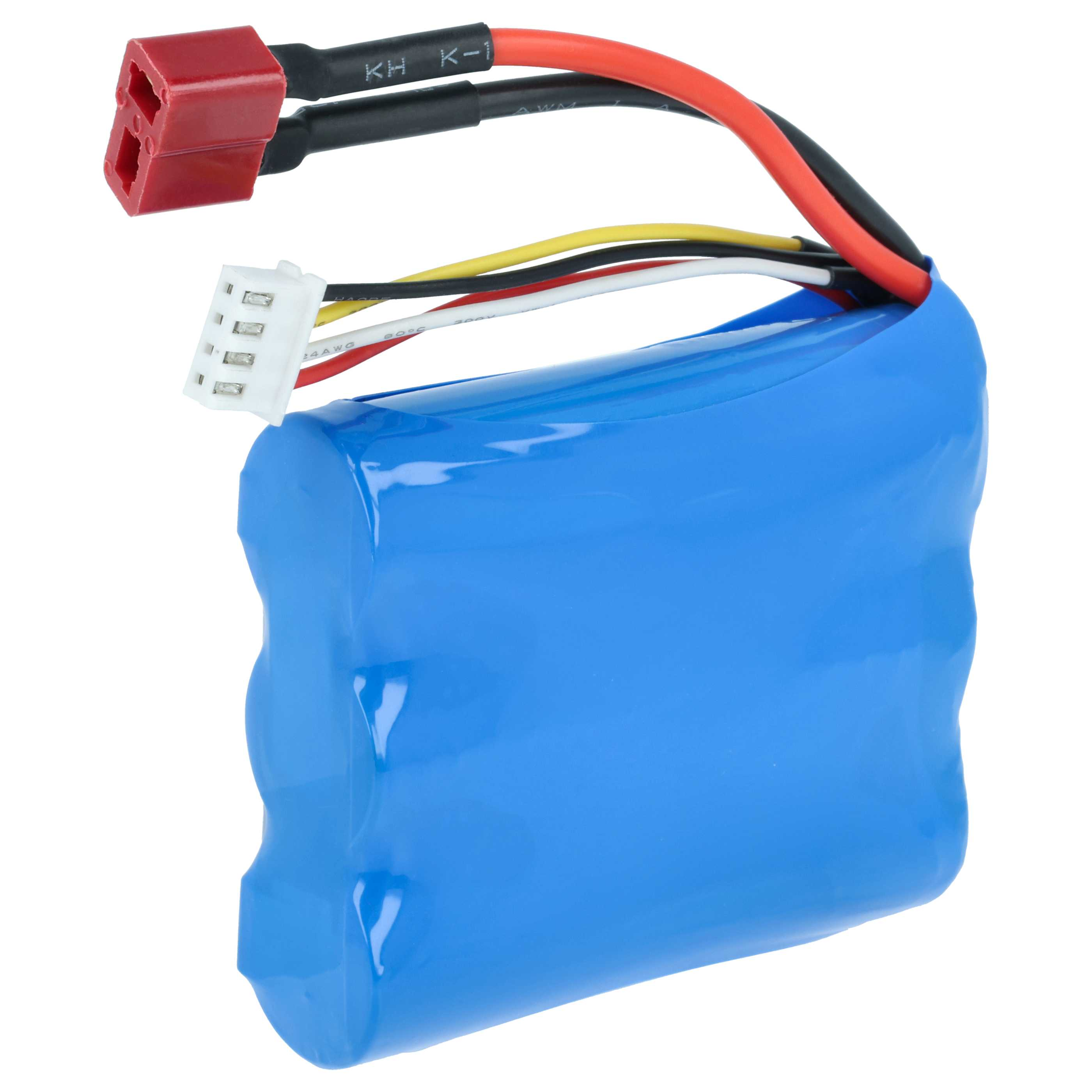 Ein blauer Akku mit roten und schwarzen Kabeln und einem weißen Stecker.