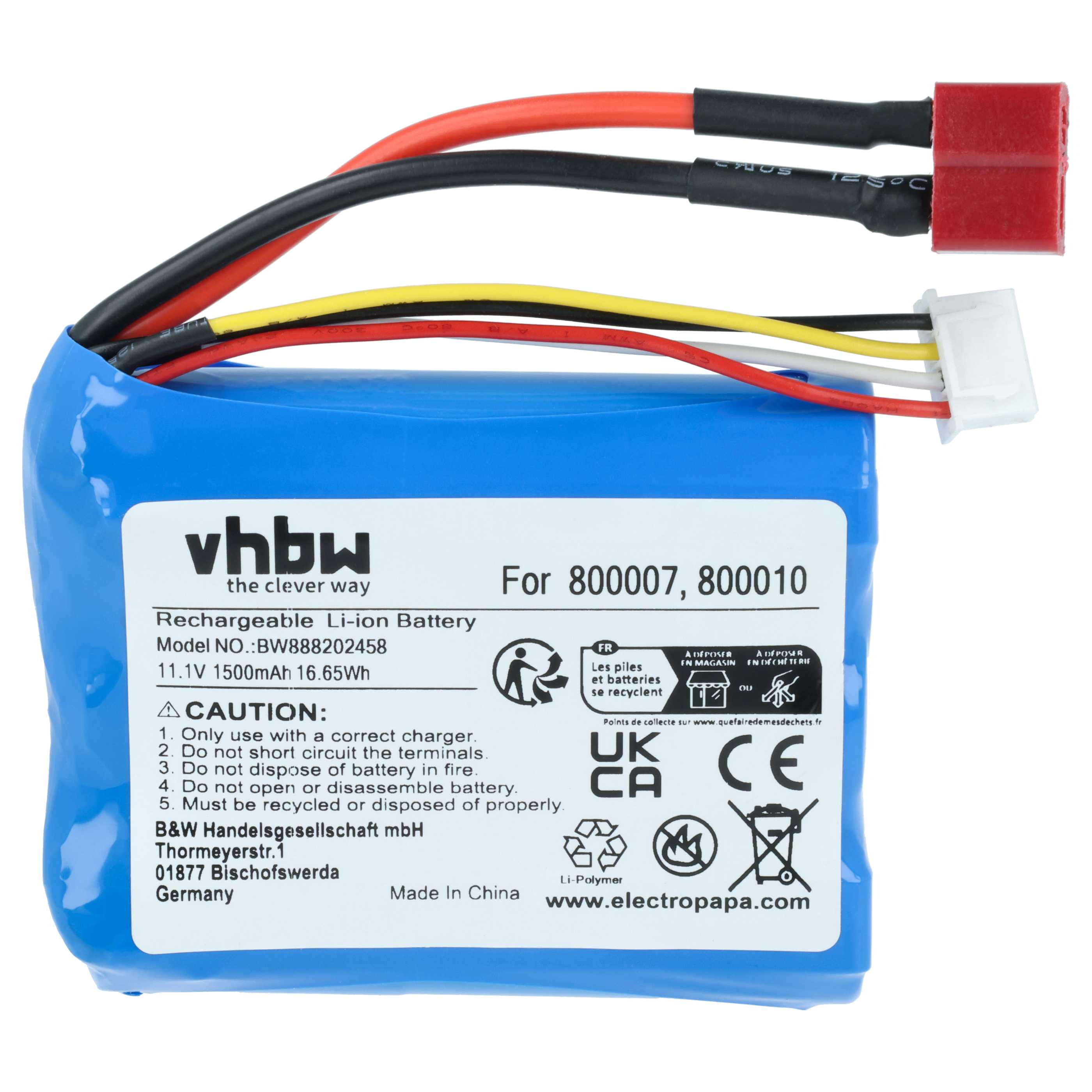 Eine blaue Li-Ion-Batterie mit Kabeln und Anschlüssen, mit Beschriftungen.