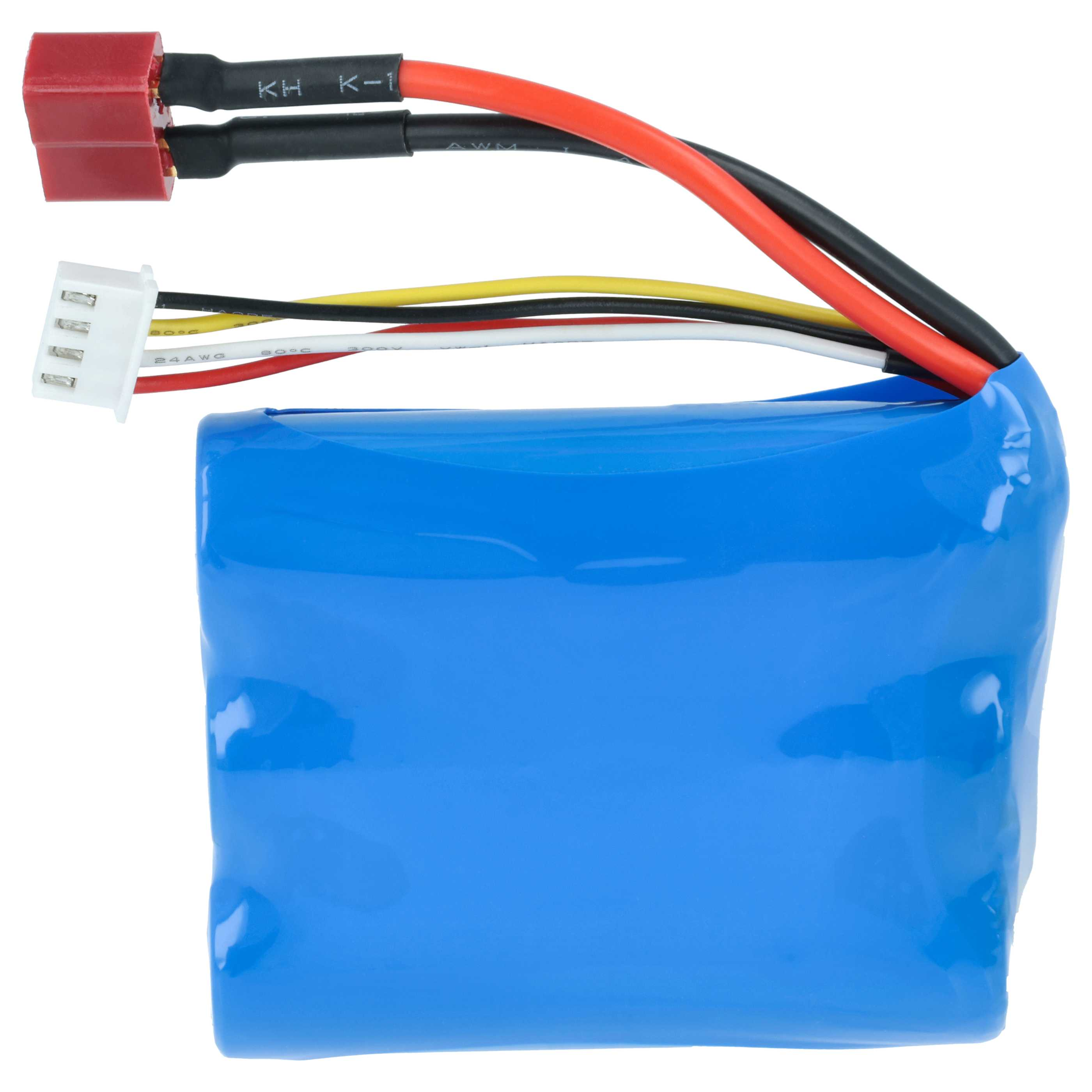 Blauer Akku mit roten, schwarzen, weißen und gelben Kabeln und Steckern.