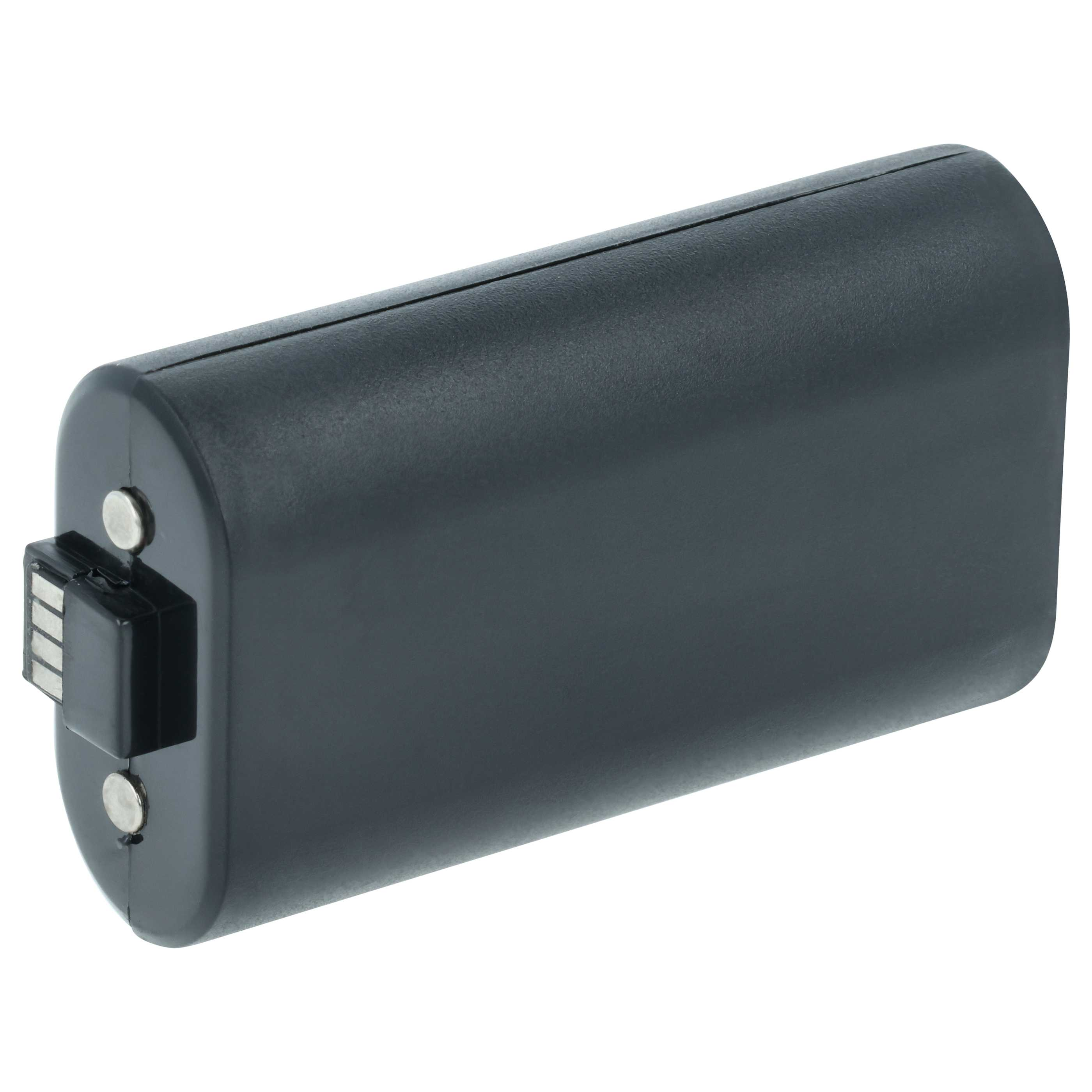 Schwarzer Akku mit Metallkontakten und einem schwarzen Stecker.