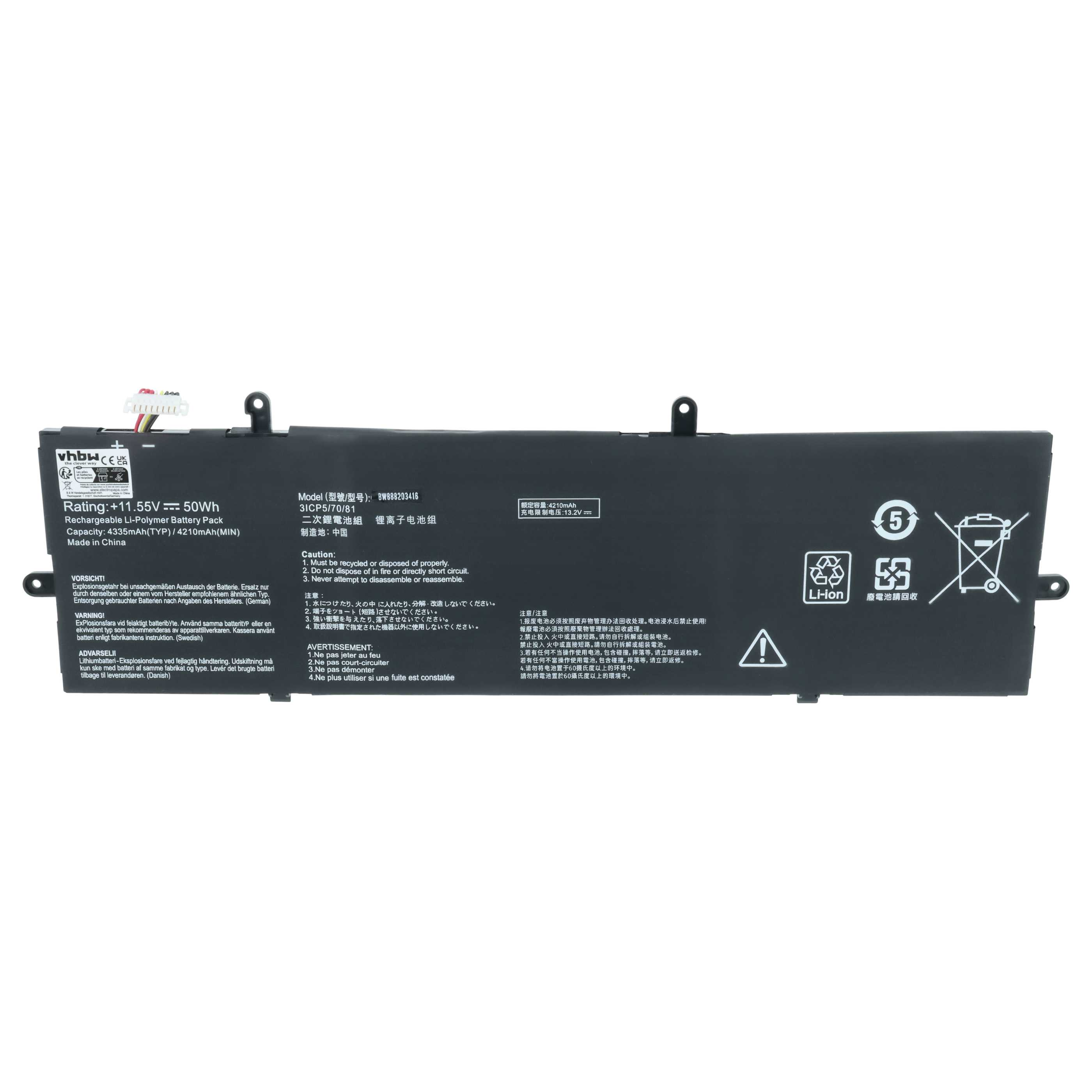 Schwarzer Li-Polymer Akku mit Kabeln, 11.55V, 50Wh, 4335mAh.