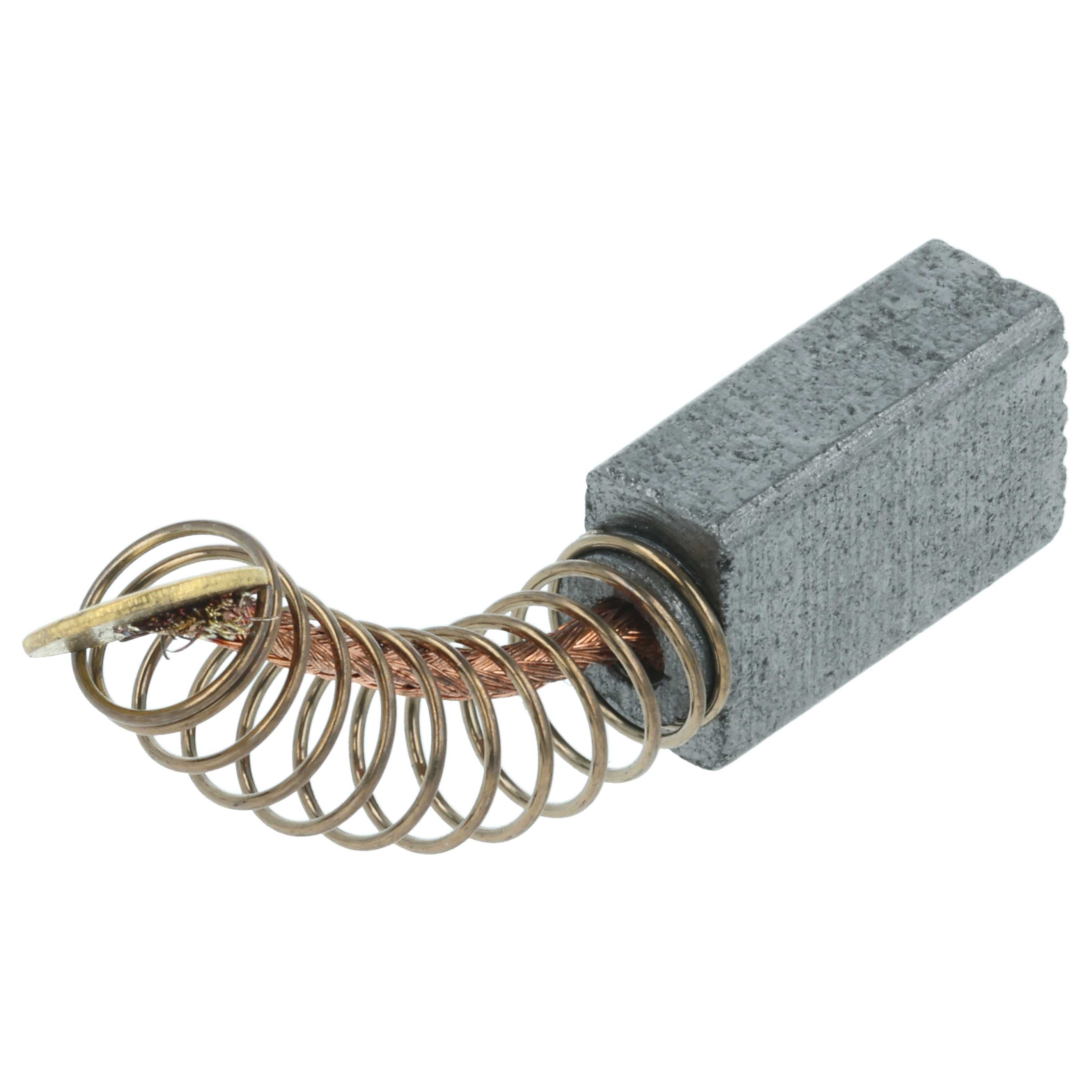 Kohlebürste mit Feder und Kupferdraht. Grauer Block mit Metallteile.