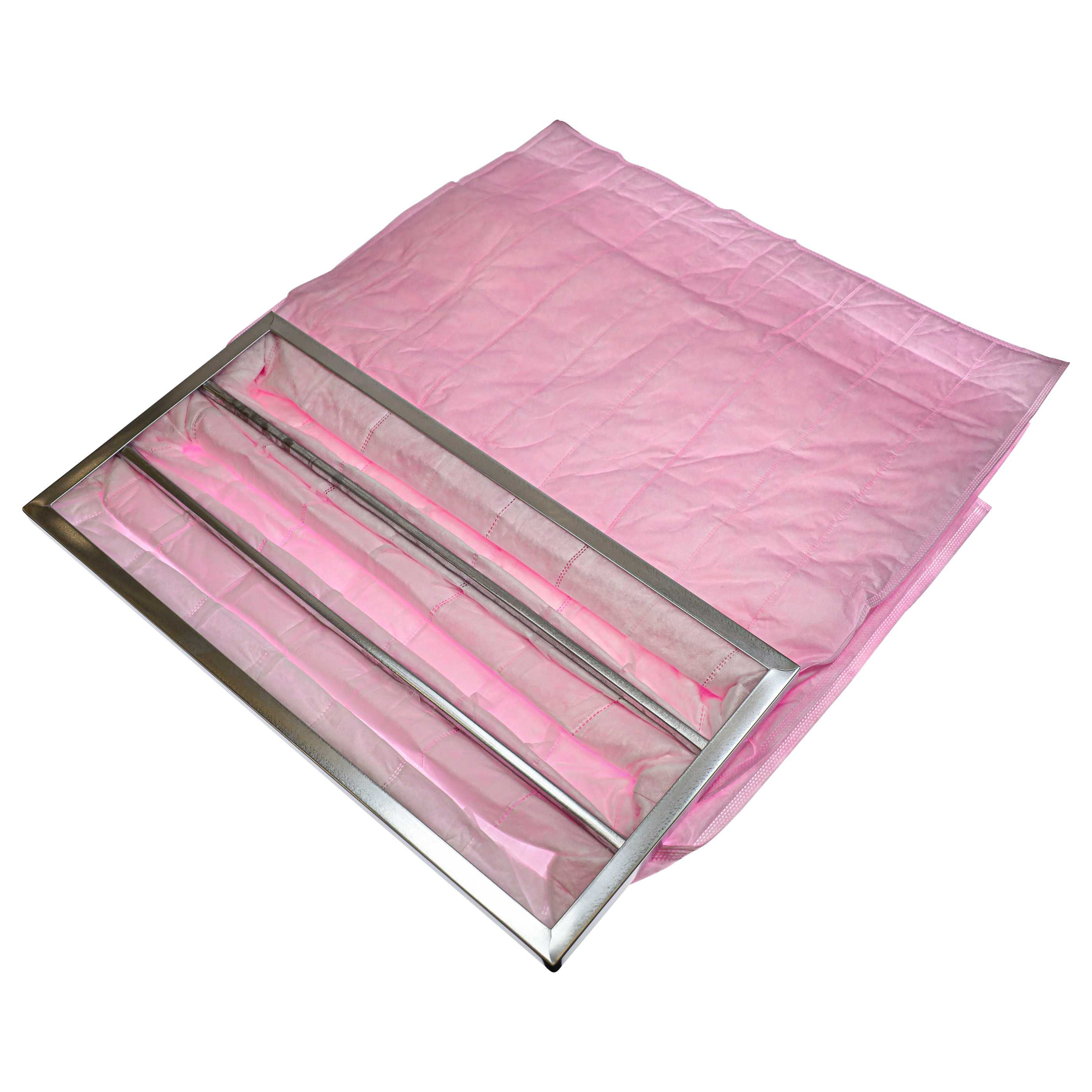 Ein rosa Staubfilter mit Metallrahmen, isoliert auf weißem Hintergrund.