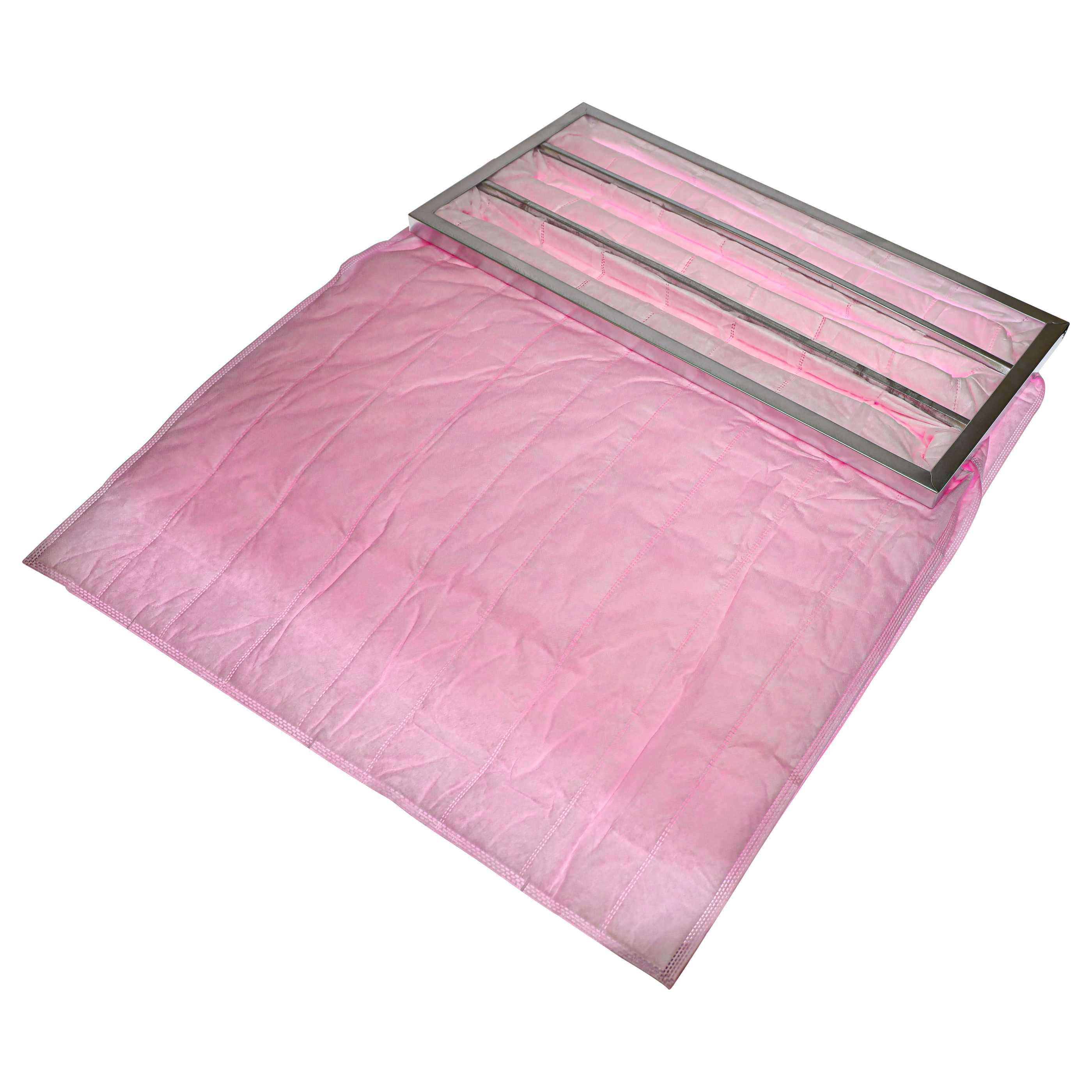 Ein rosa Filter mit silbernem Rahmen, auf weißem Hintergrund.