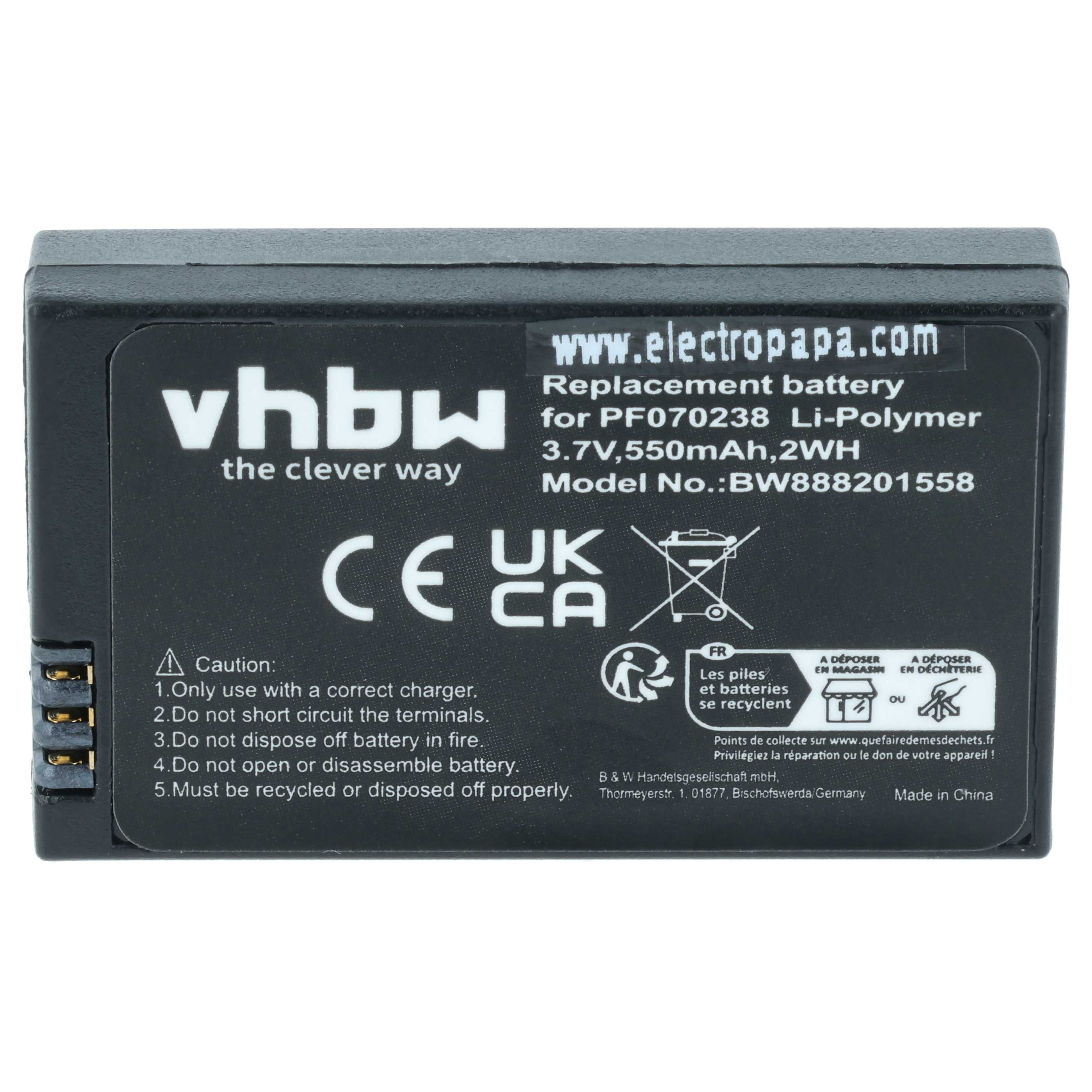 Schwarzer Li-Polymer-Akku mit Aufkleber und Warnhinweisen, 3.7V, 550mAh.