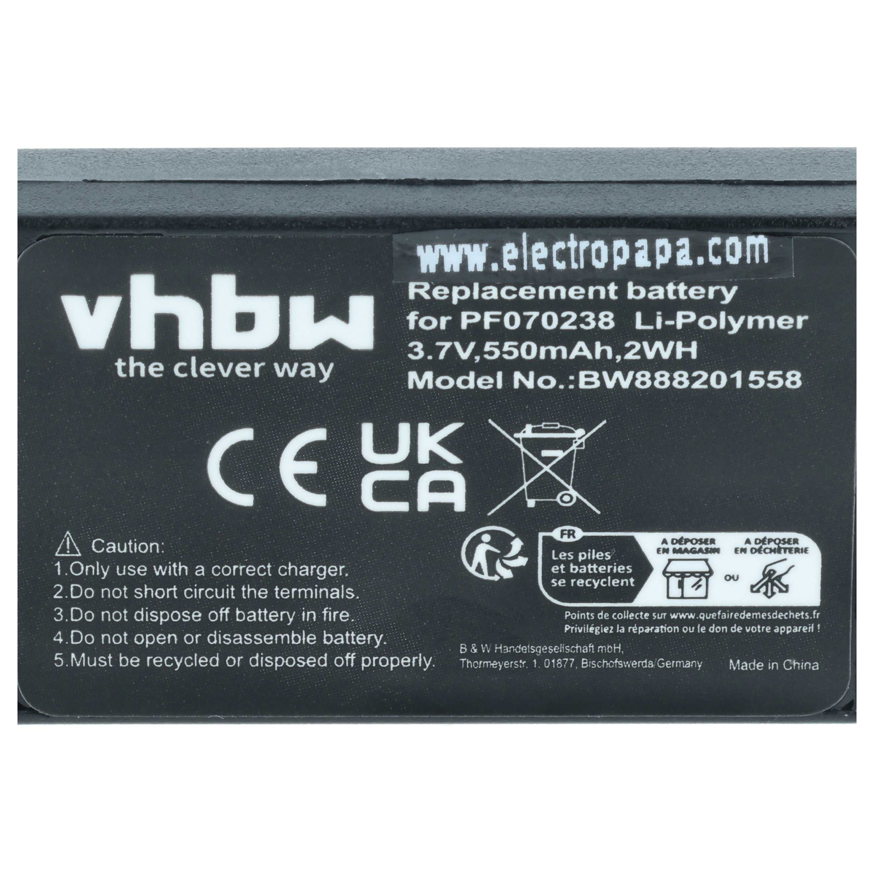 Ein vhbw Ersatzakku für PF070238 Li-Polymer, 3.7V, 550mAh.