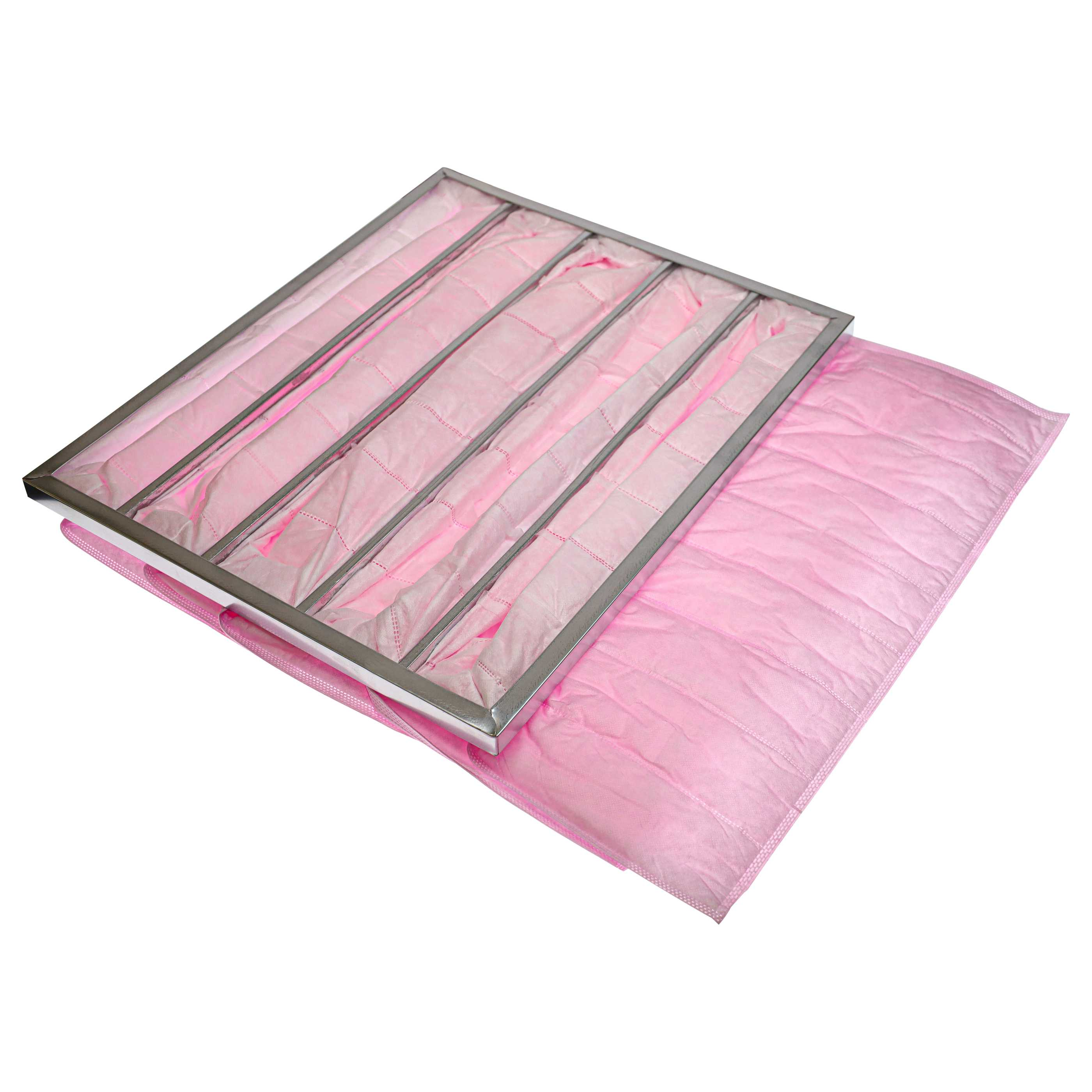 Ein rechteckiger, silberner Metallrahmen mit rosa Filtermedien dahinter.