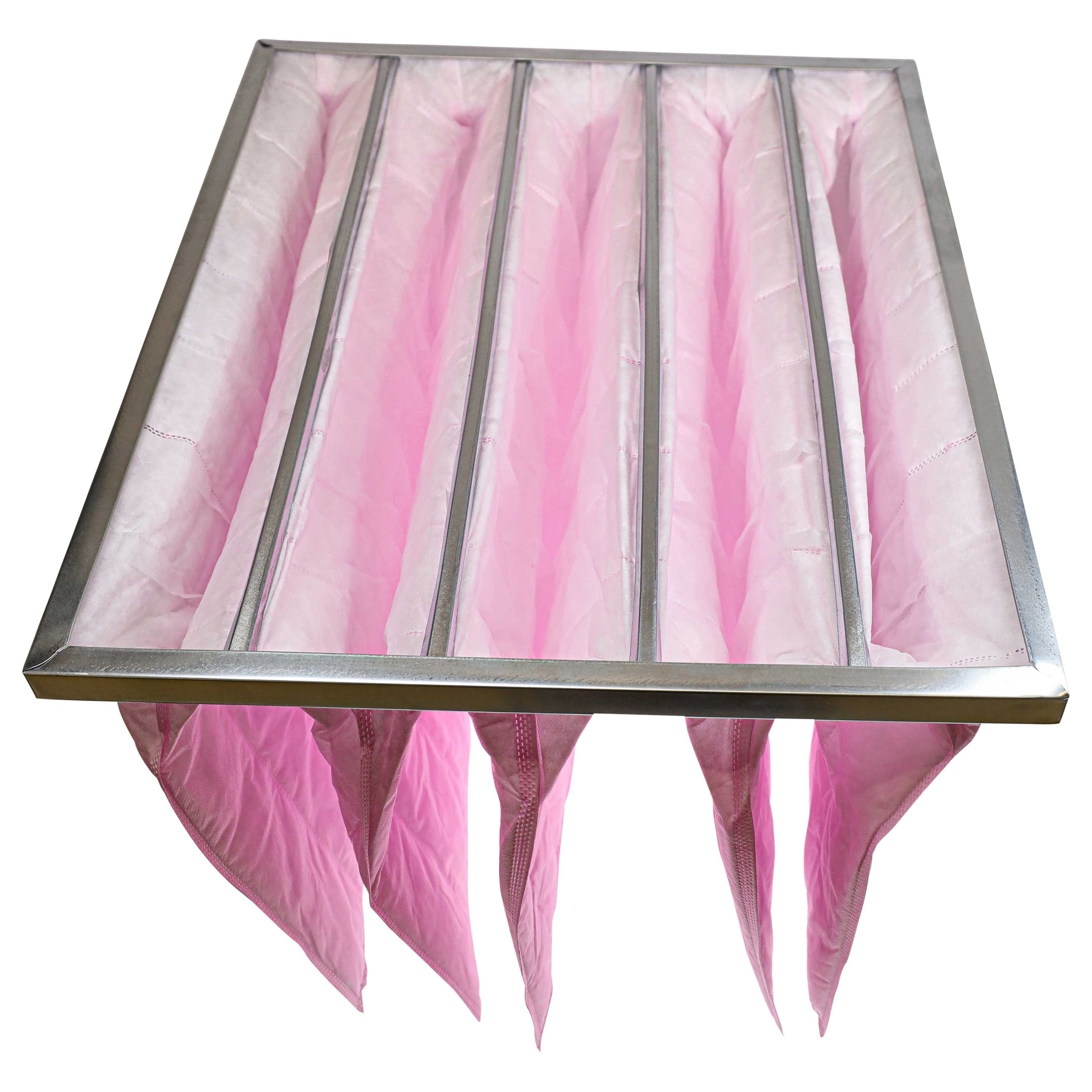 Ein rosa Staubfilter mit Metallrahmen und mehreren Stofftaschen.