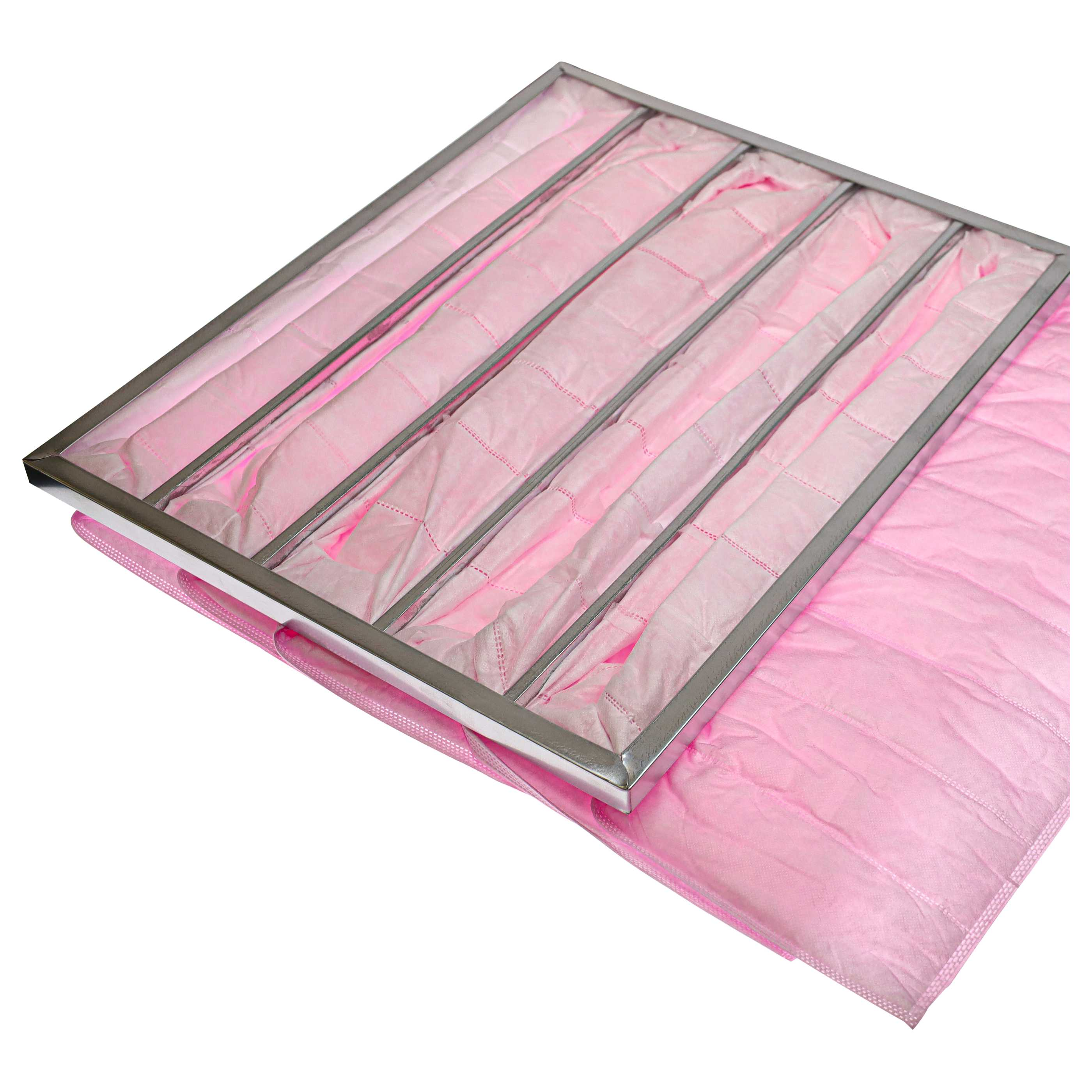 Ein silberner Rahmen hält rosa Vliesstoff-Taschen für einen Filter.