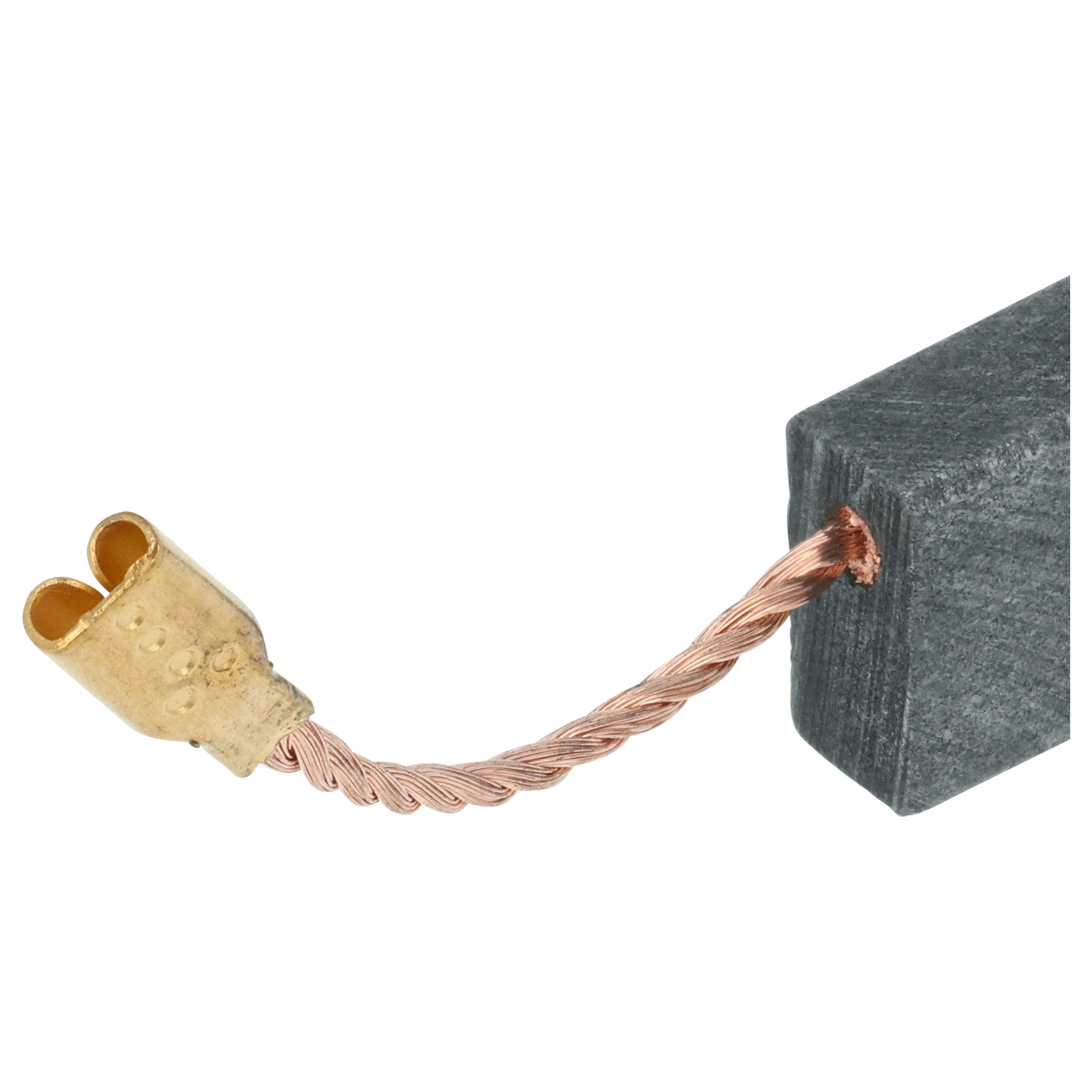 Ein grauer Kohlebürstenblock mit einem Kupferdraht und einem Messingstecker.