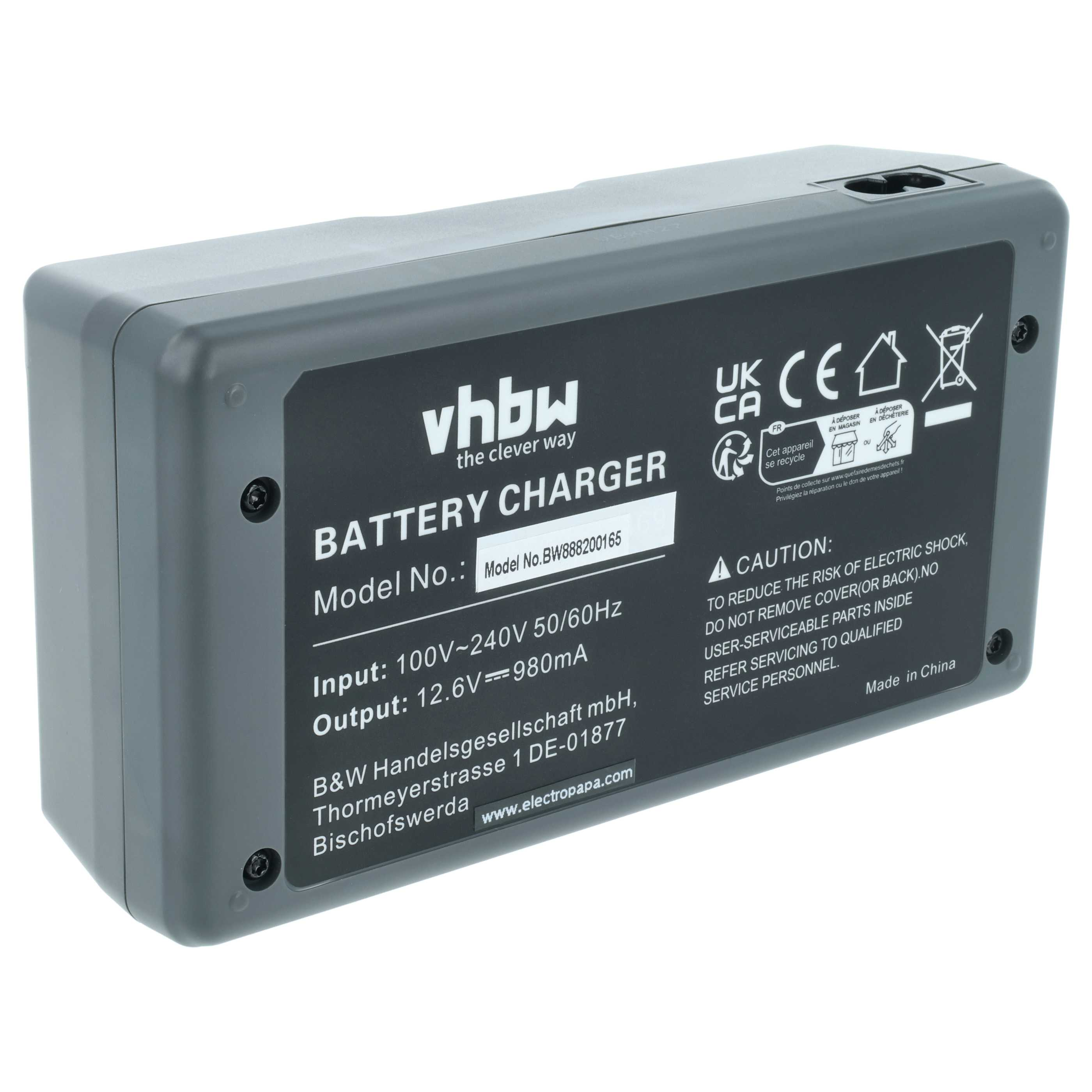 Grauer vhbw Akku-Ladegerät mit Beschriftung, Modell BW888200165.