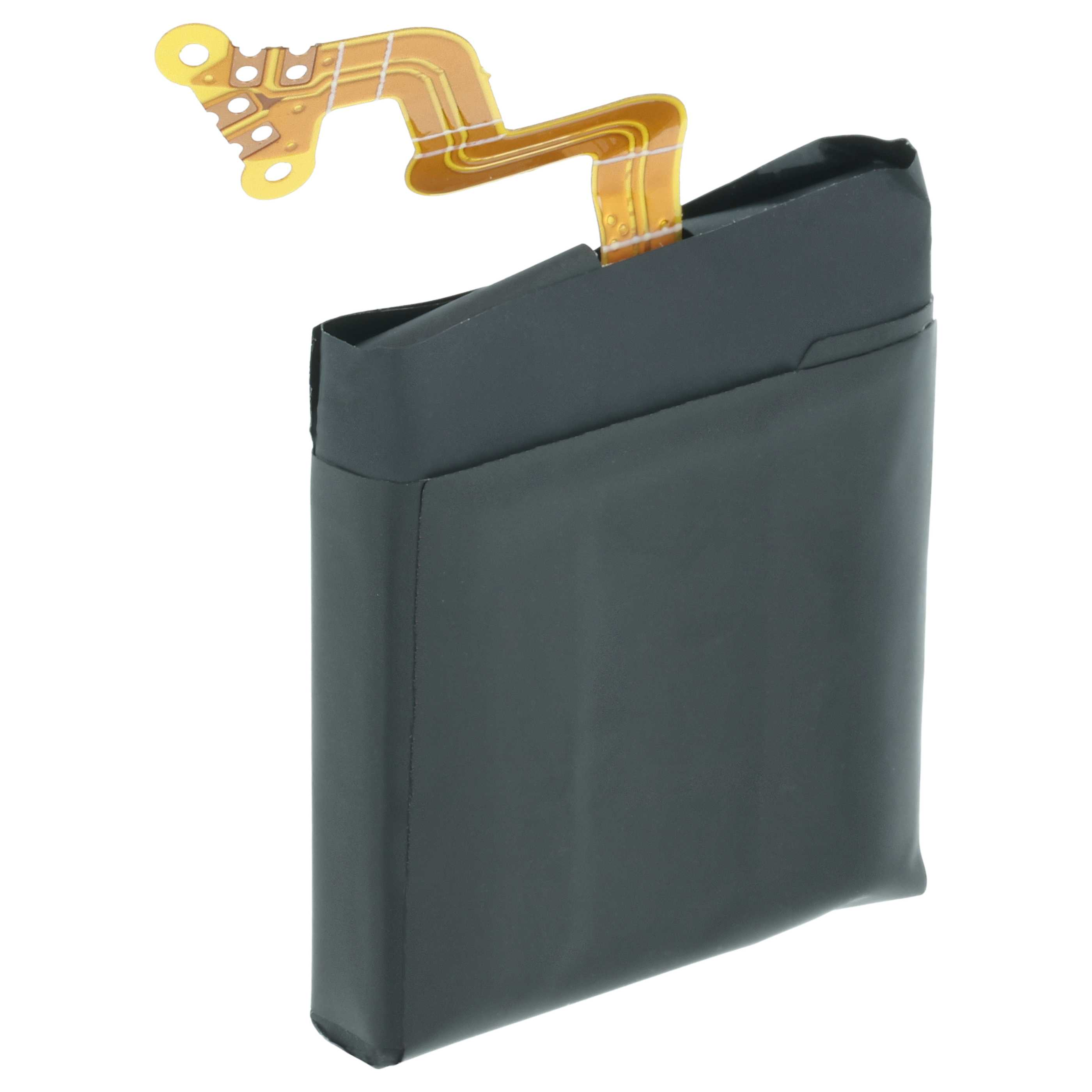 Ein schwarzer Akku mit einem goldenen Flachbandkabel, das sich nach oben krümmt.
