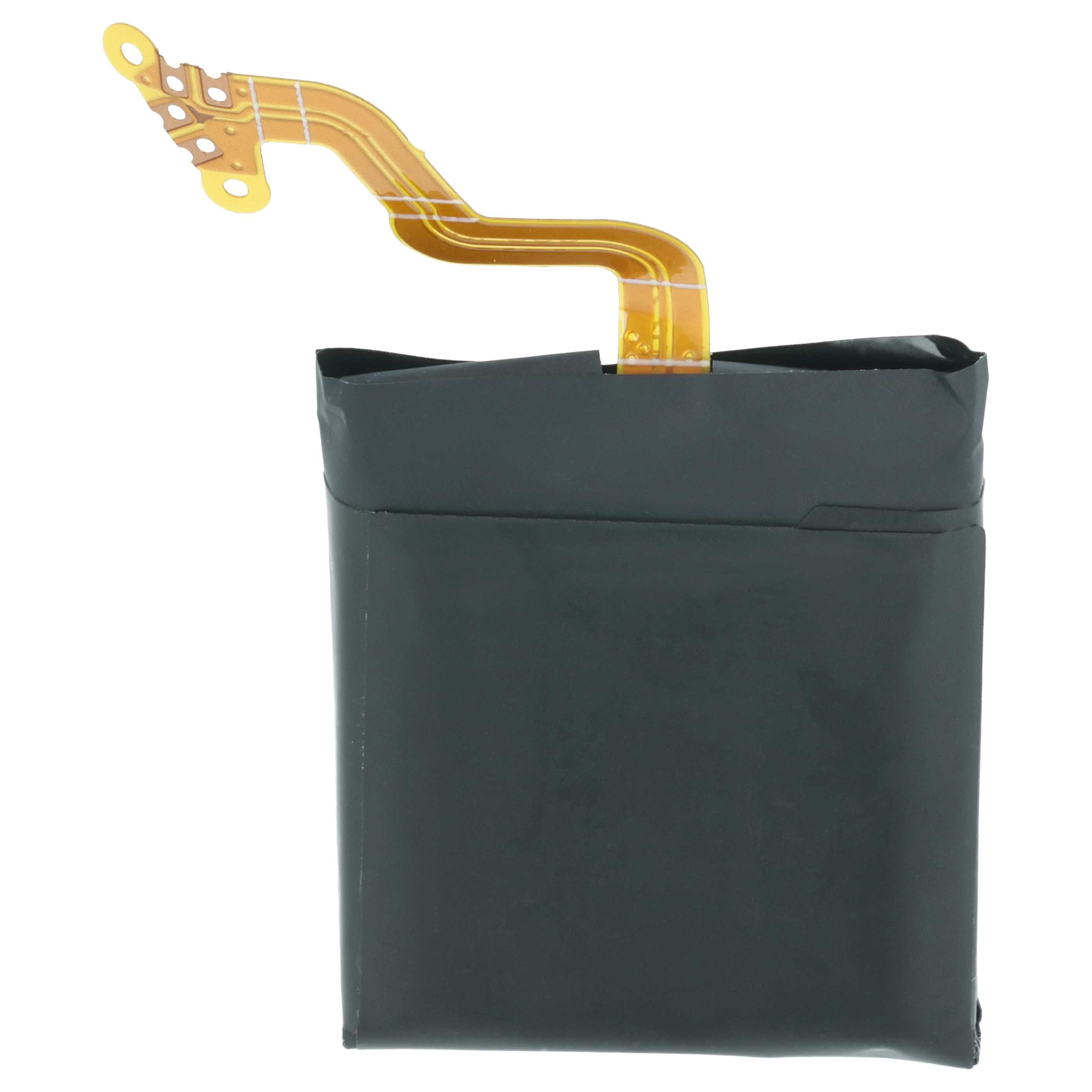 Ein schwarzer Akku mit einem flexiblen, goldenen Anschlusskabel.