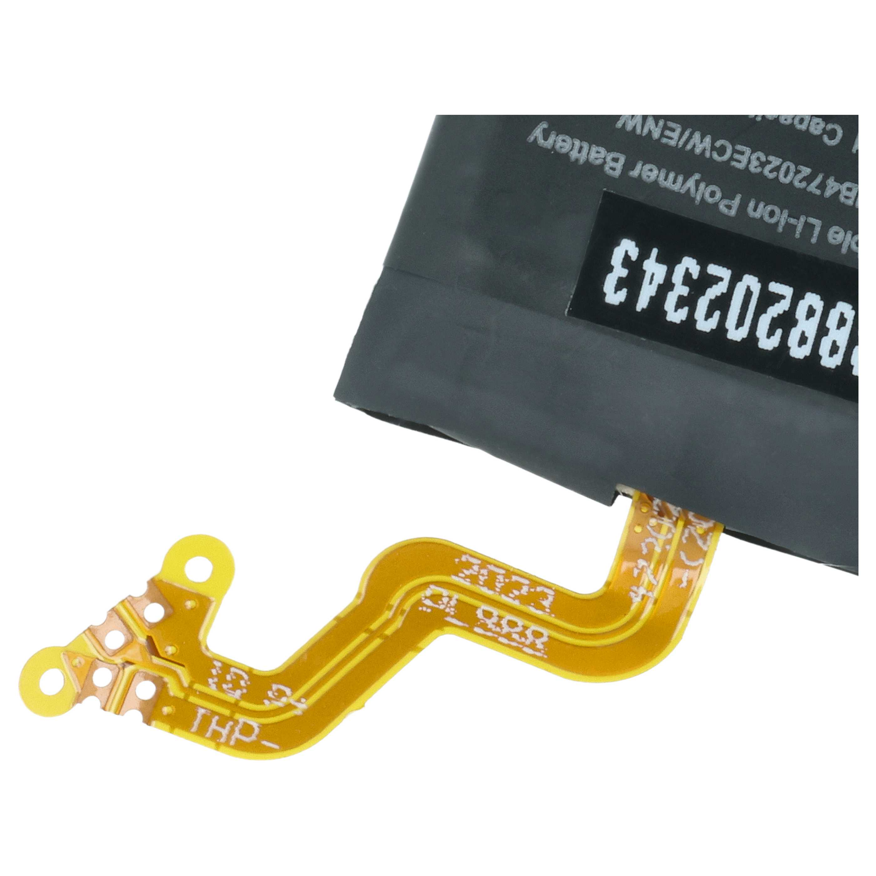 Ein gelbes Flexkabel mit Anschlüssen, das an einem schwarzen Polymer-Akku befestigt ist.