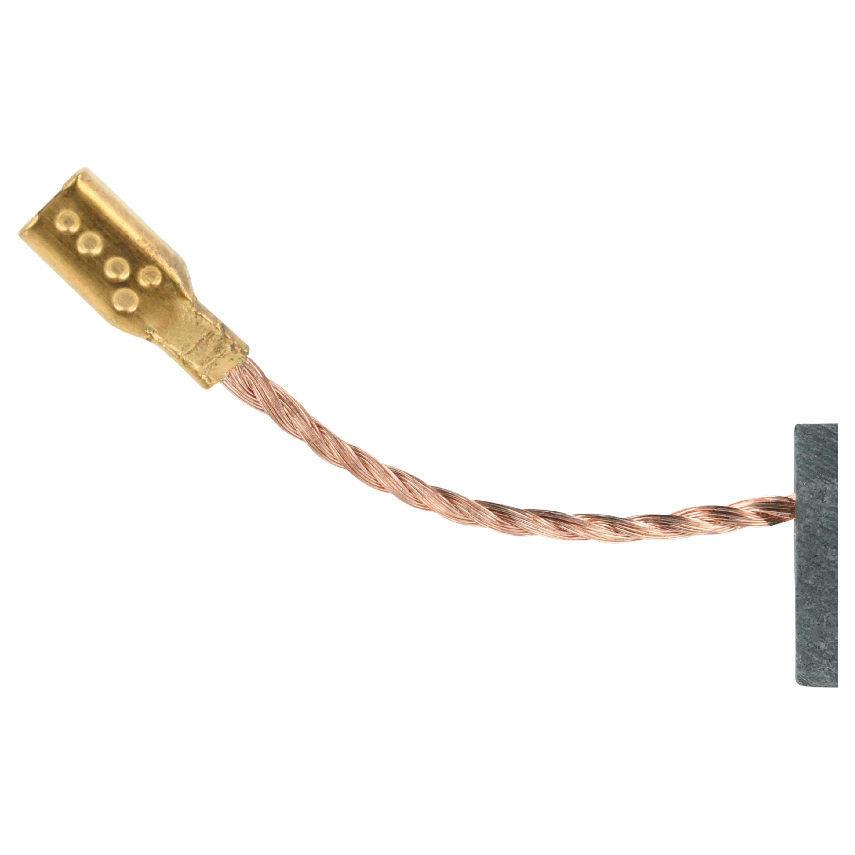 Ein grauer Kohlebürstenkörper mit einem Kupferkabel und einem goldenen Anschlussstück.
