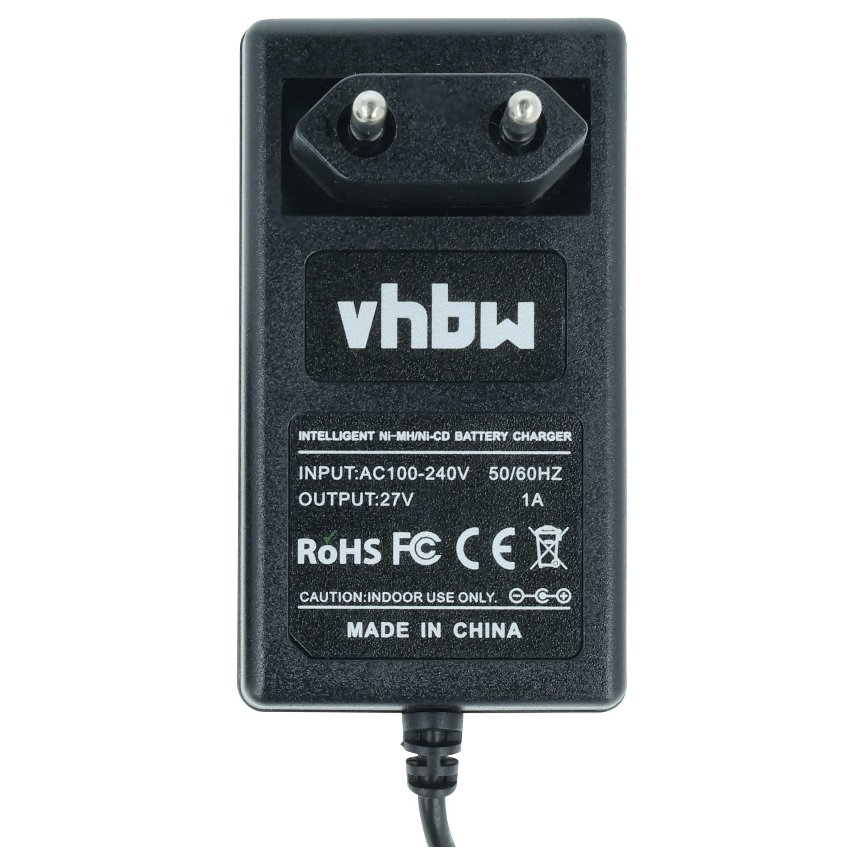 Schwarzes Netzteil mit vhbw Logo, 100-240V Eingangsleistung, 27V/1A Ausgang.