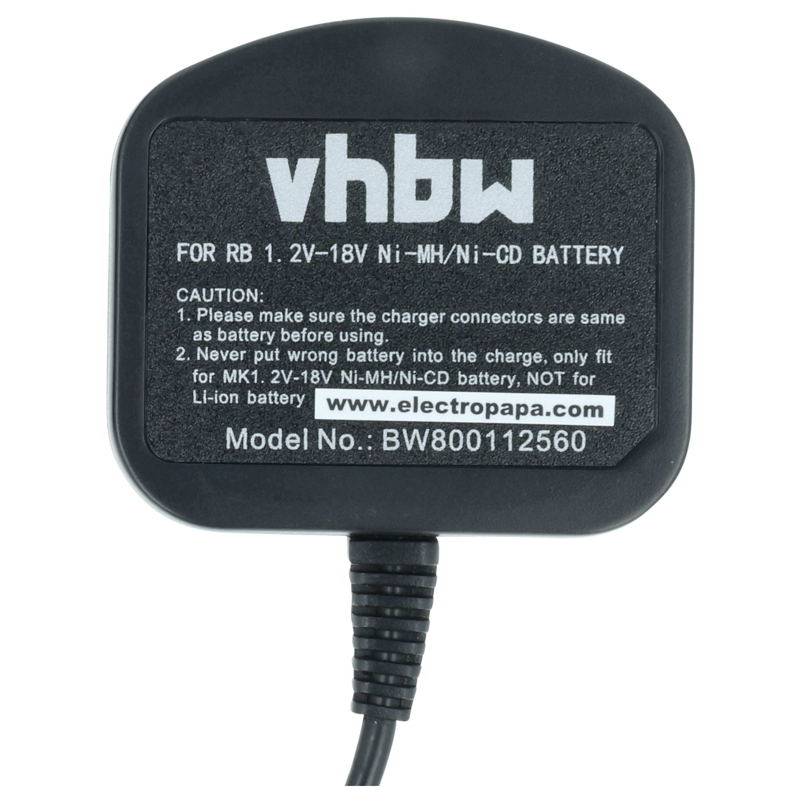 Schwarzes Ladegerät mit Aufschriften: vhbw, Modell Nr. BW800112560.