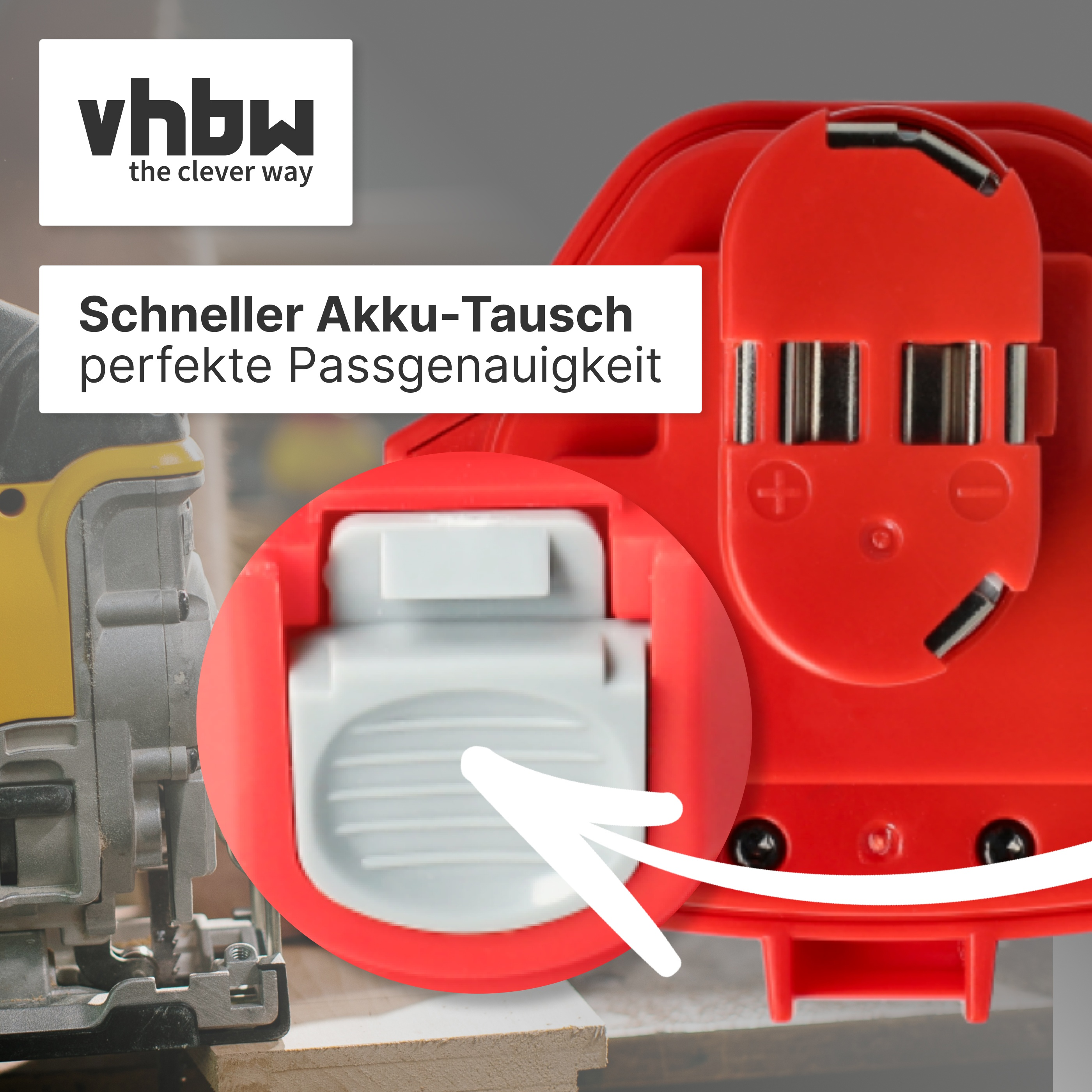 Stichsäge und roter Akkupack mit Nahaufnahme des Verbindungsmechanismus.