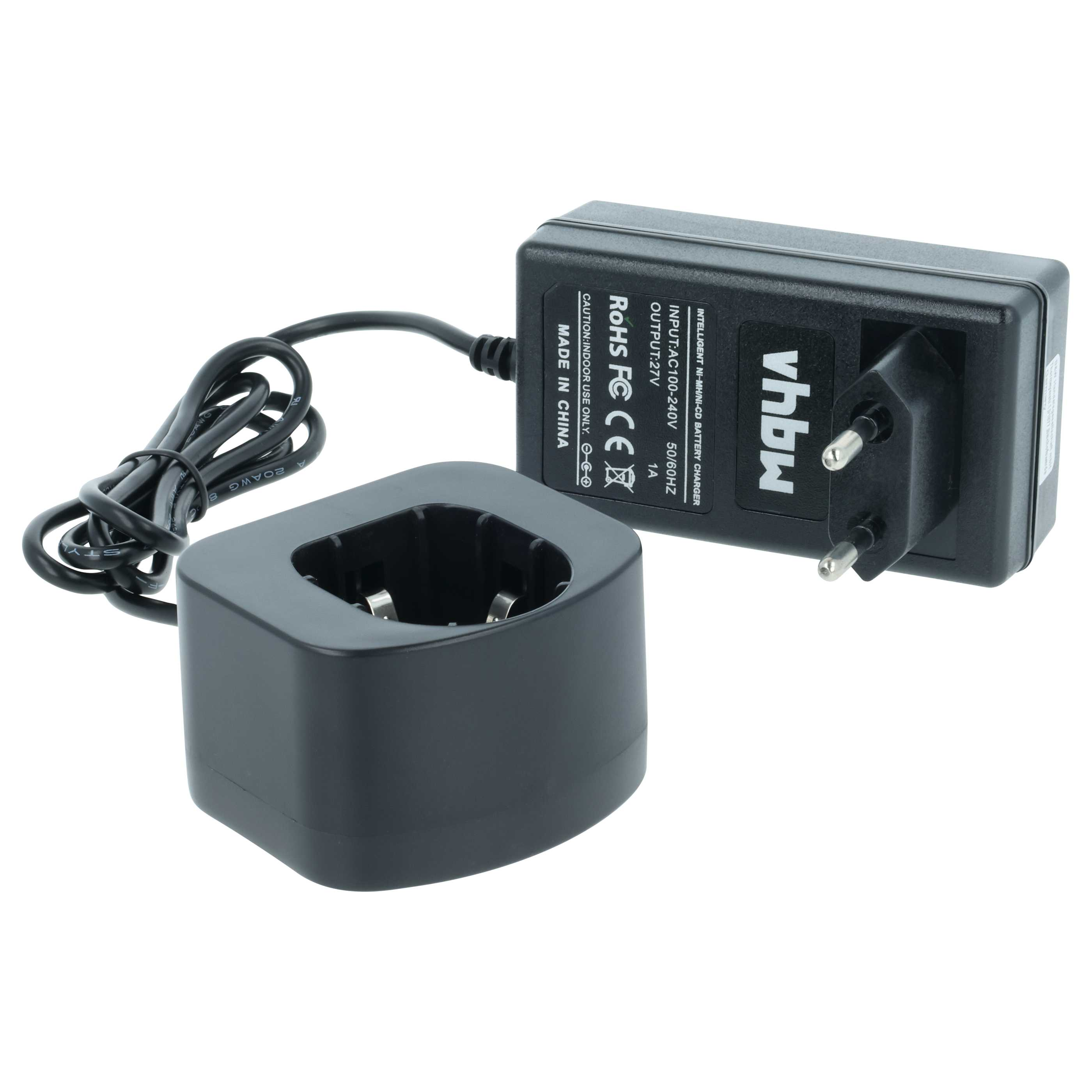 Schwarzes Ladegerät mit Kabel und Ladeschale.
