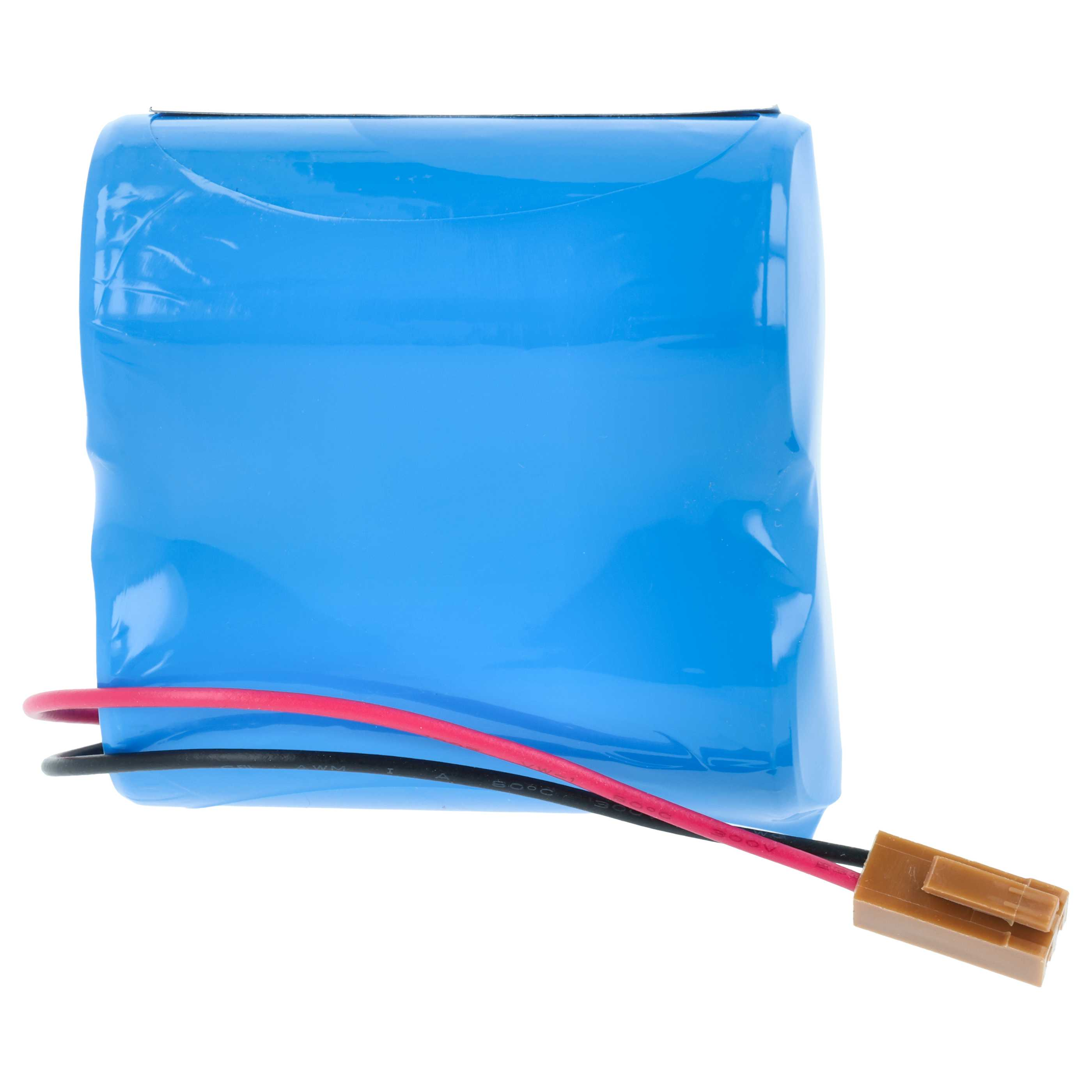 Ein blauer Akku mit schwarzen und roten Kabeln und einem braunen Stecker.