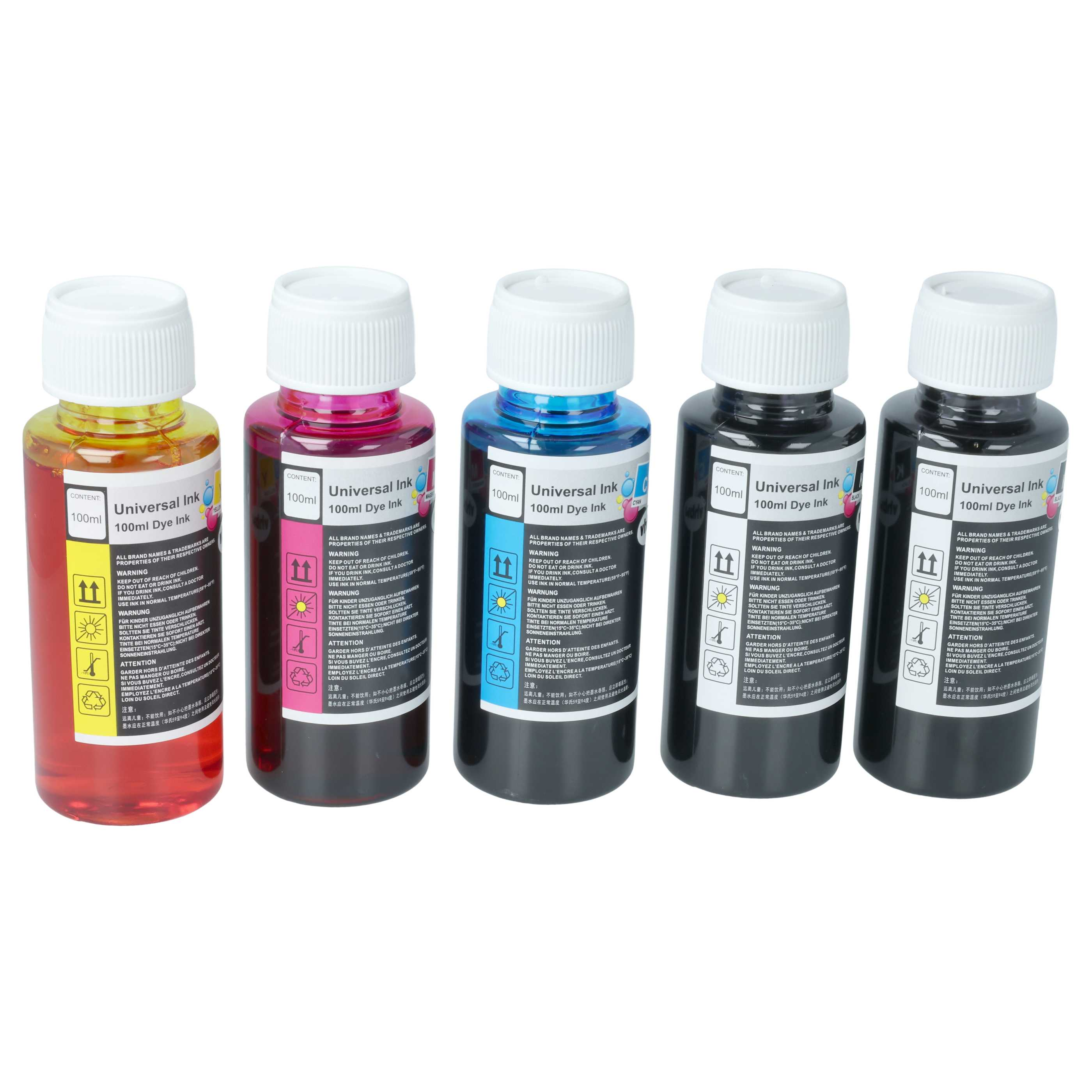 Fünf Flaschen Universal-Tinte in Rot, Magenta, Cyan, Schwarz und Schwarz.
