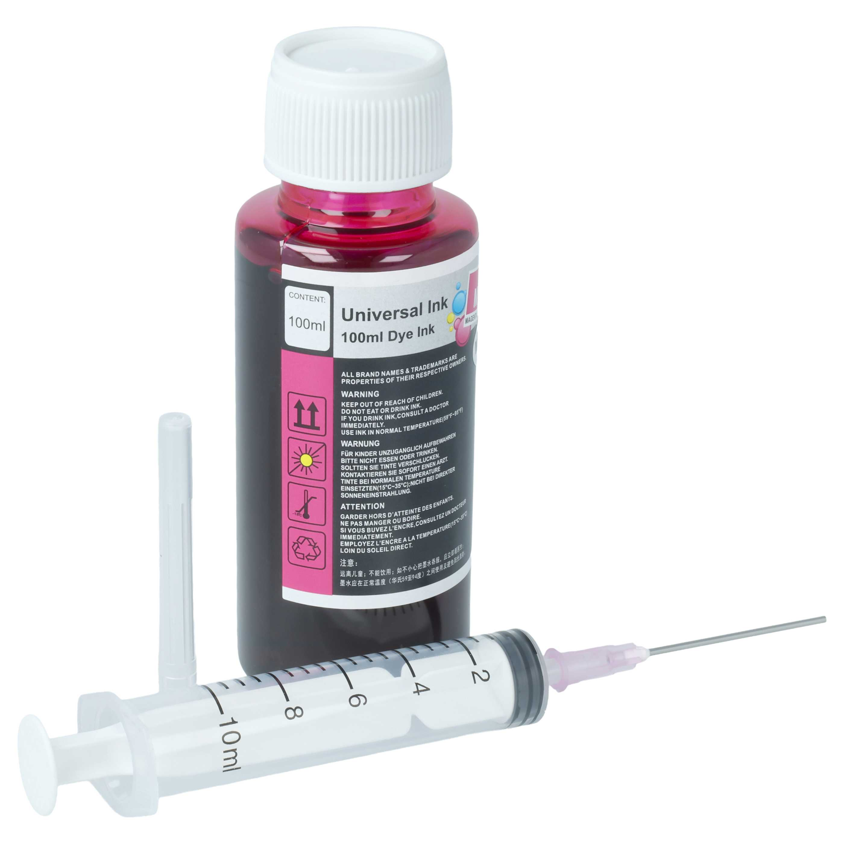 Eine 100ml Flasche mit magenta Tinte und eine 10ml Spritze mit Nadel.