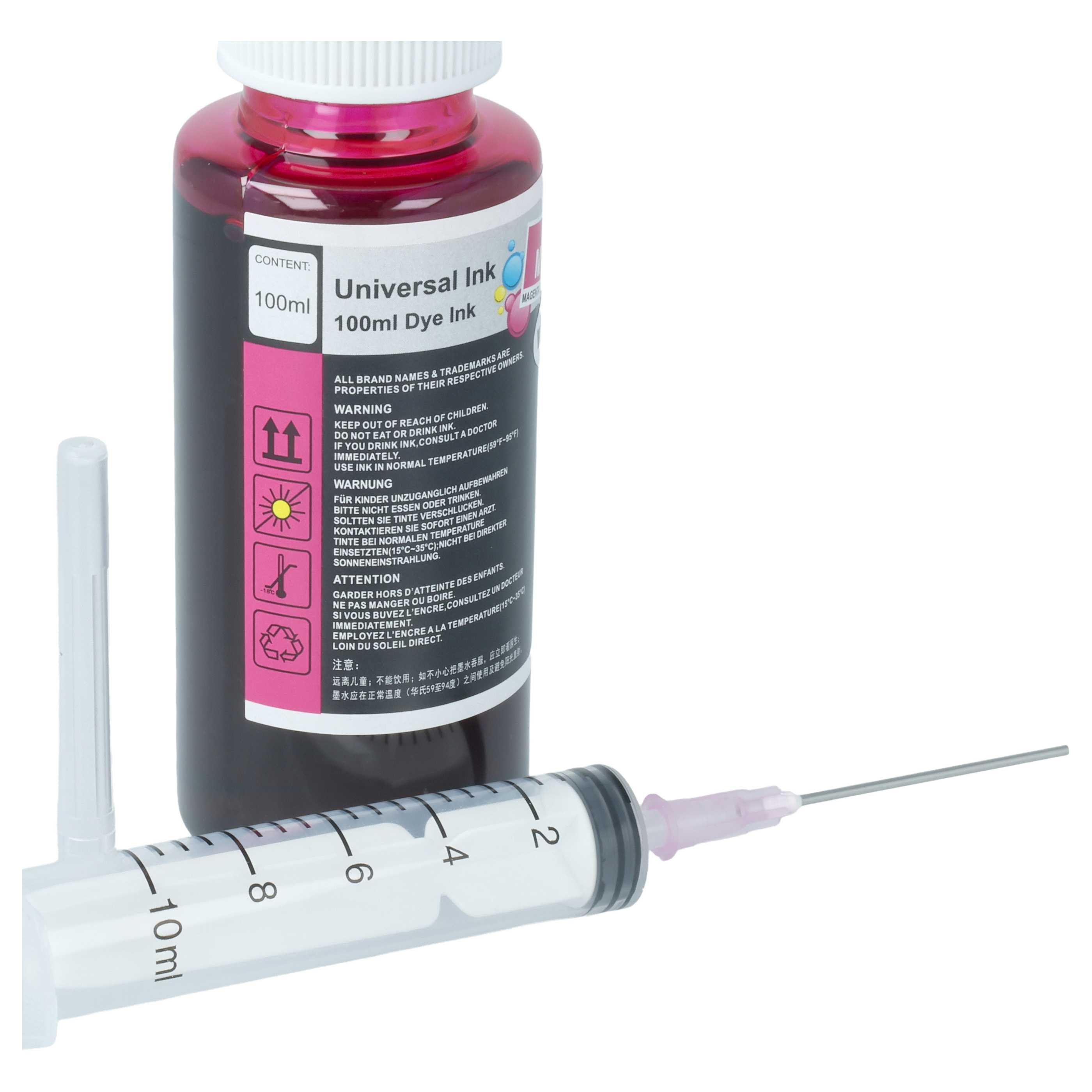 Eine Flasche mit 100 ml pinker Tinte und eine 10 ml Spritze daneben.