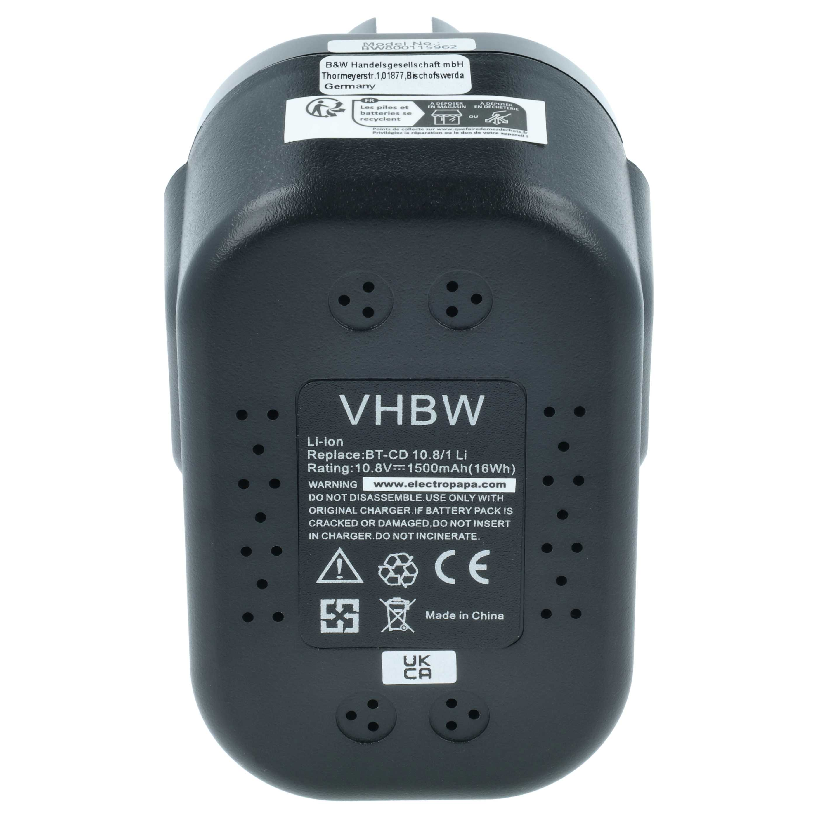 Schwarzer Akku mit Beschriftungen: VHBW, Li-ion, 10.8V, 1500mAh.