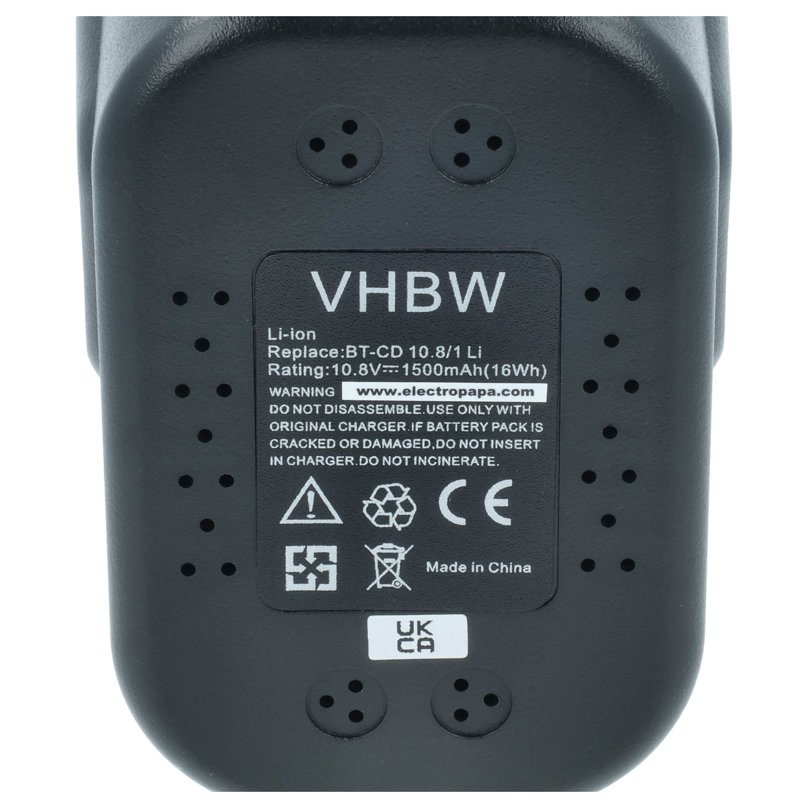 Schwarzer Akku mit VHBW-Logo und Warnsymbolen. Hergestellt in China.