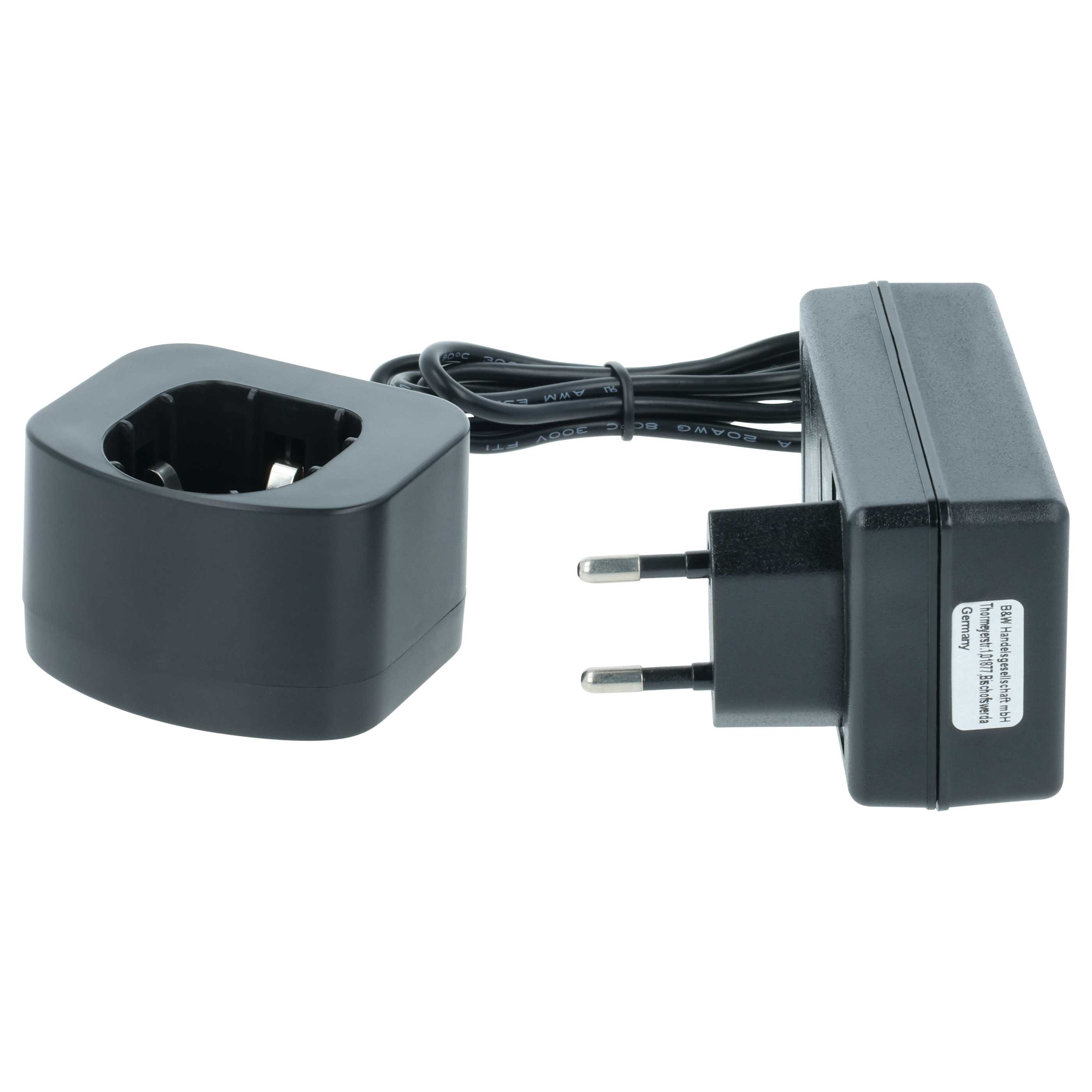 Ein schwarzes Ladegerät mit Stecker und Ladesockel, verbunden durch ein Kabel.