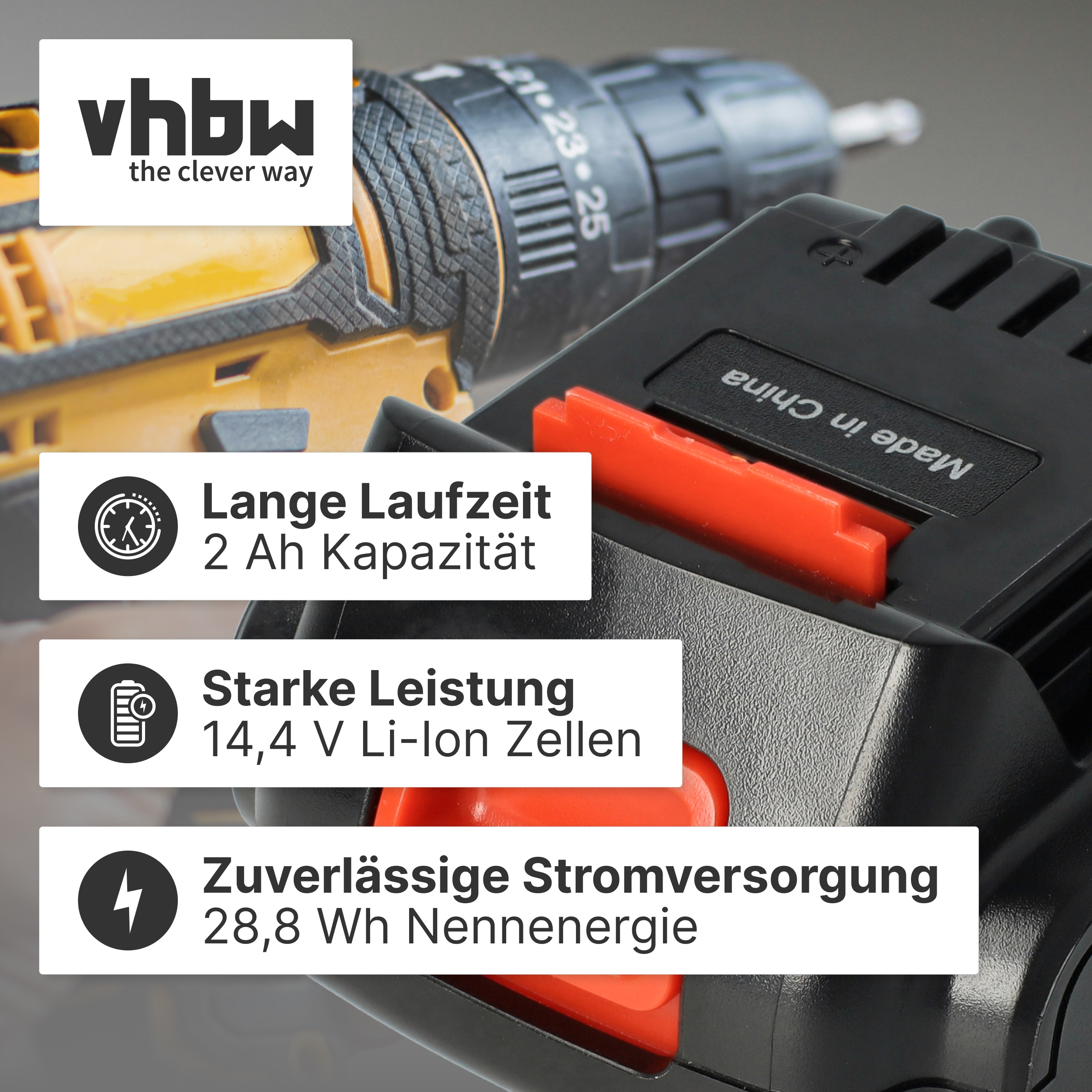 VhbW Logo über einem Werkzeug und Akku mit deutschen Textfeldern.
