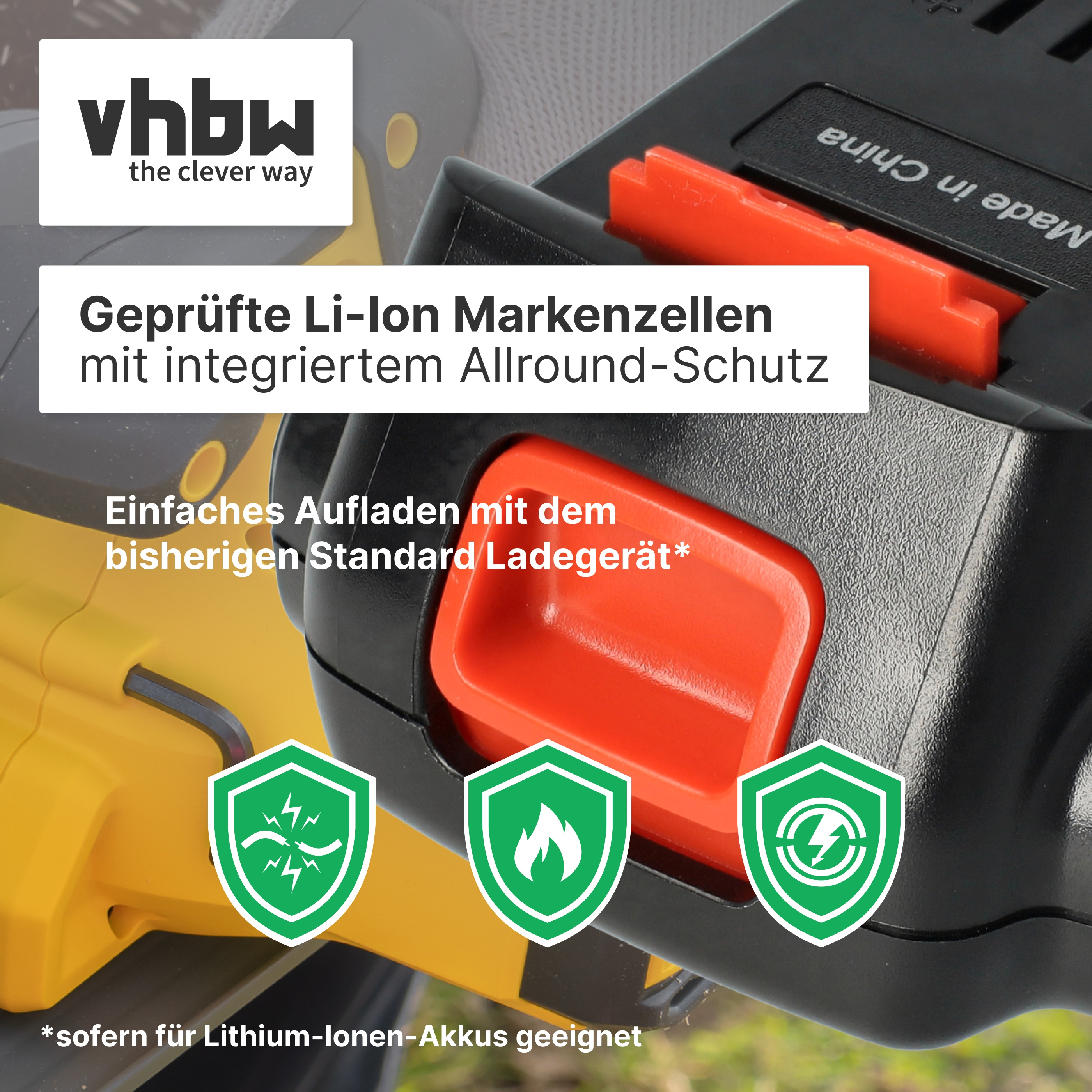 VhbW Logo, Li-Ion Akku-Details, Schutzsymbole und Ladehinweis.