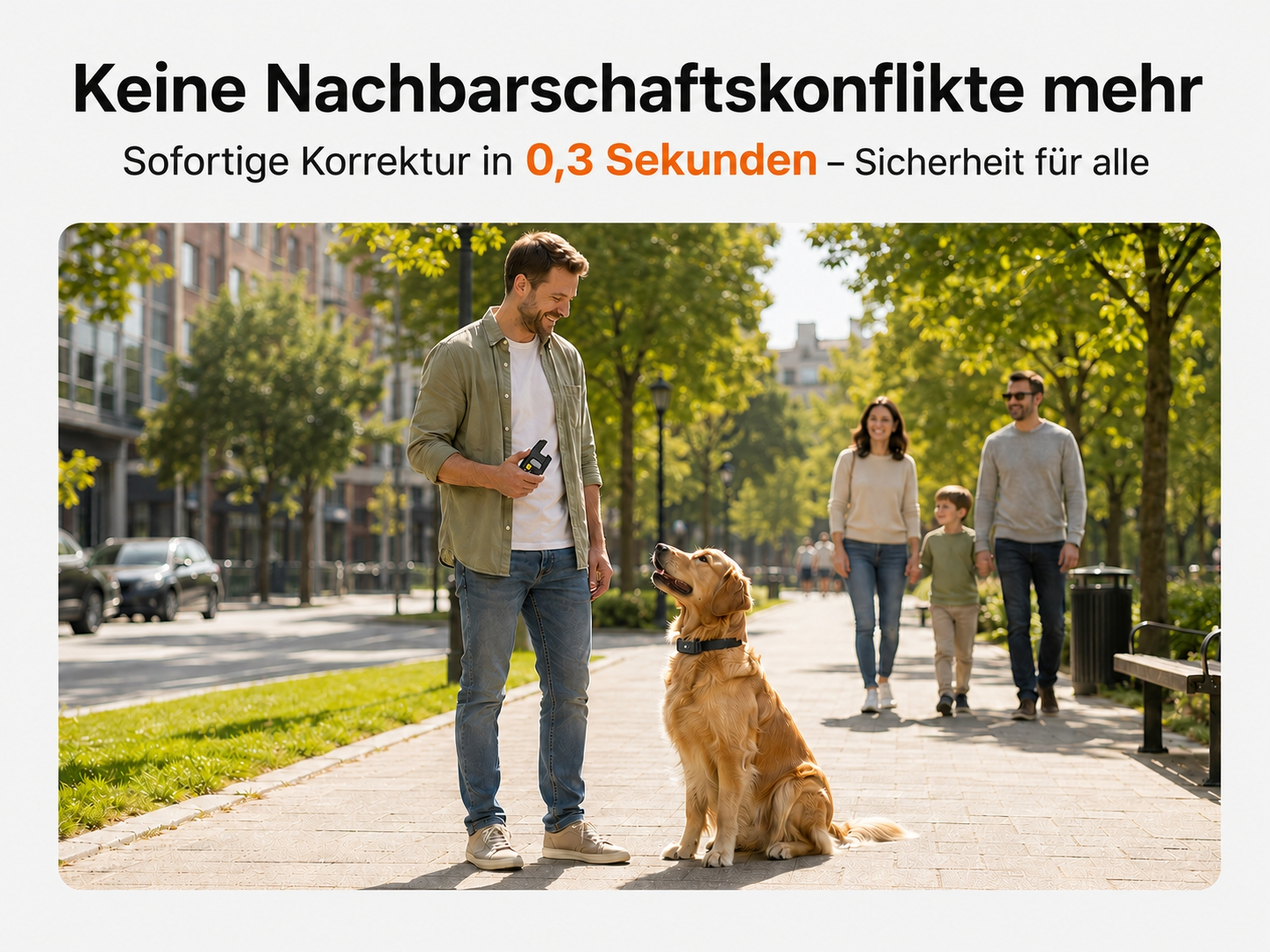 Mann mit Hund und Familie auf Parkweg, sonniger Tag.