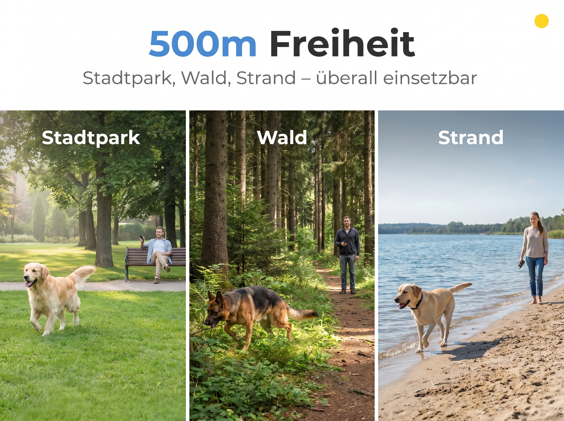 Ein Golden Retriever im Stadtpark, ein Schäferhund im Wald, ein Labrador am Strand.