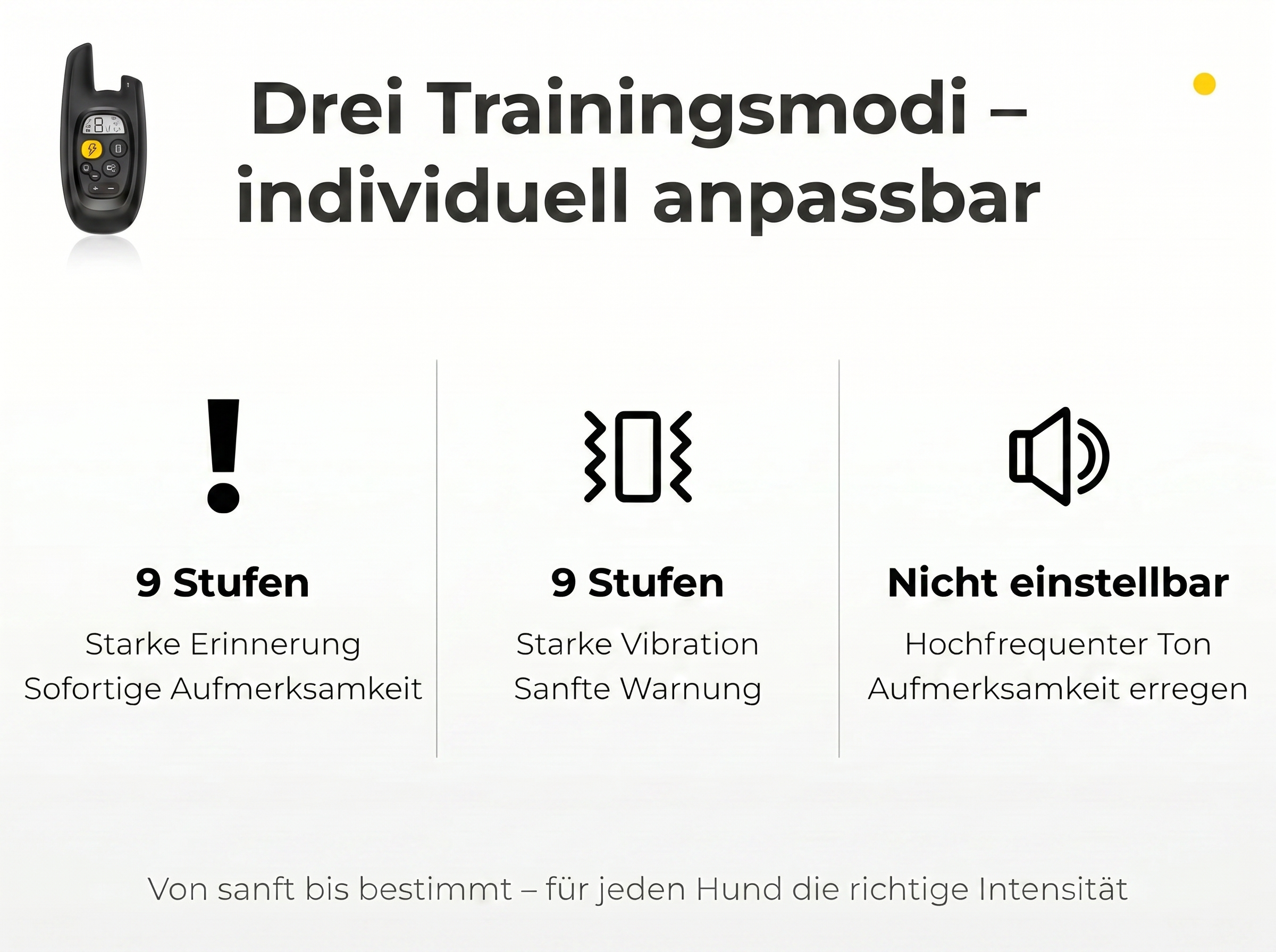 Ein schwarzer Hundetrainer mit drei Modi: Vibration, Ton und Erinnerung.