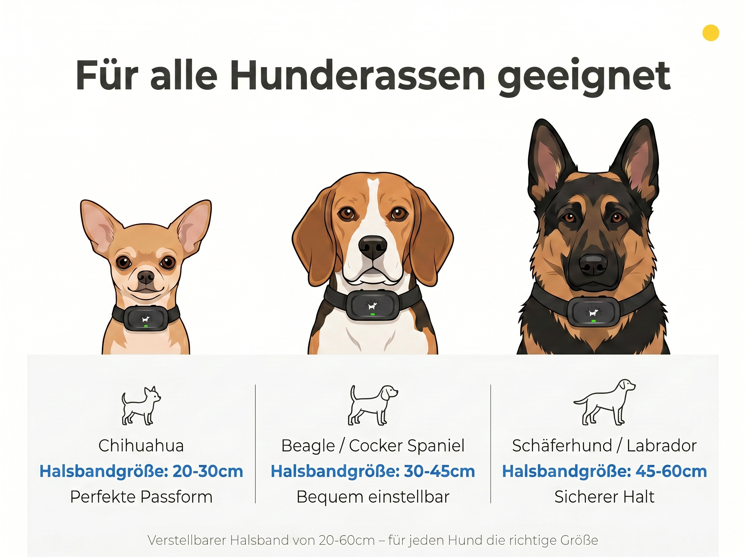 Drei Hunde mit Halsbändern: Chihuahua, Beagle und Schäferhund.