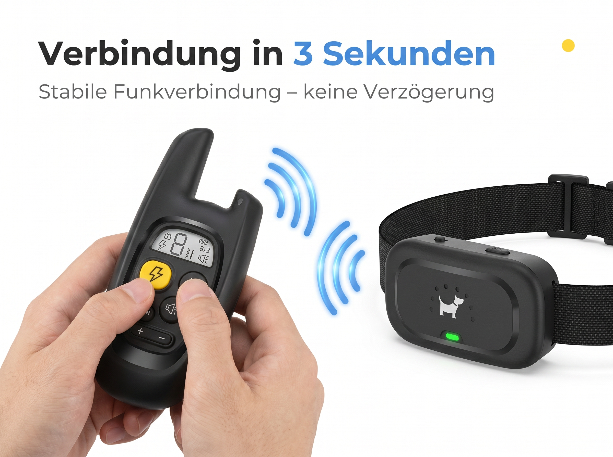 Hände bedienen ein Trainingshalsband und Fernbedienung.