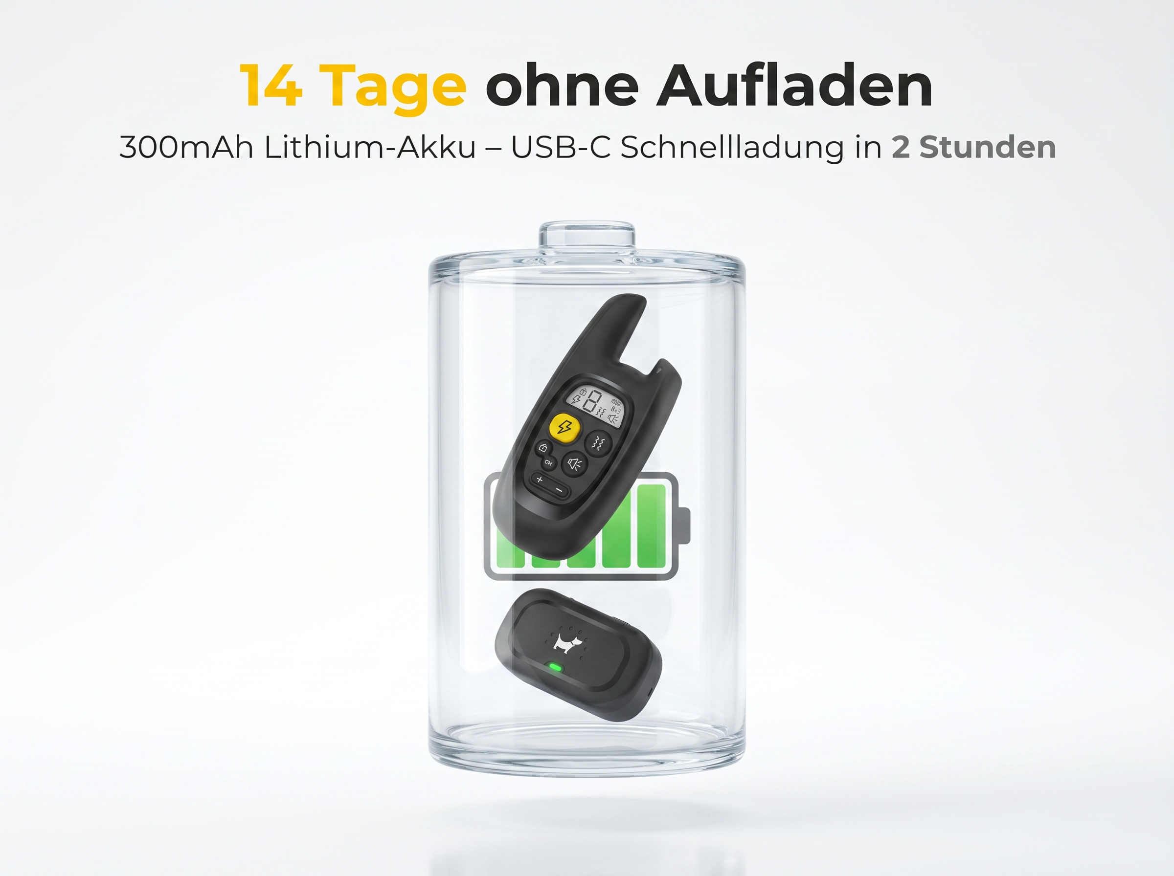 Ein schwarzer Fernbedienungsanhänger und ein kleinerer Anhänger in einer Batterie.