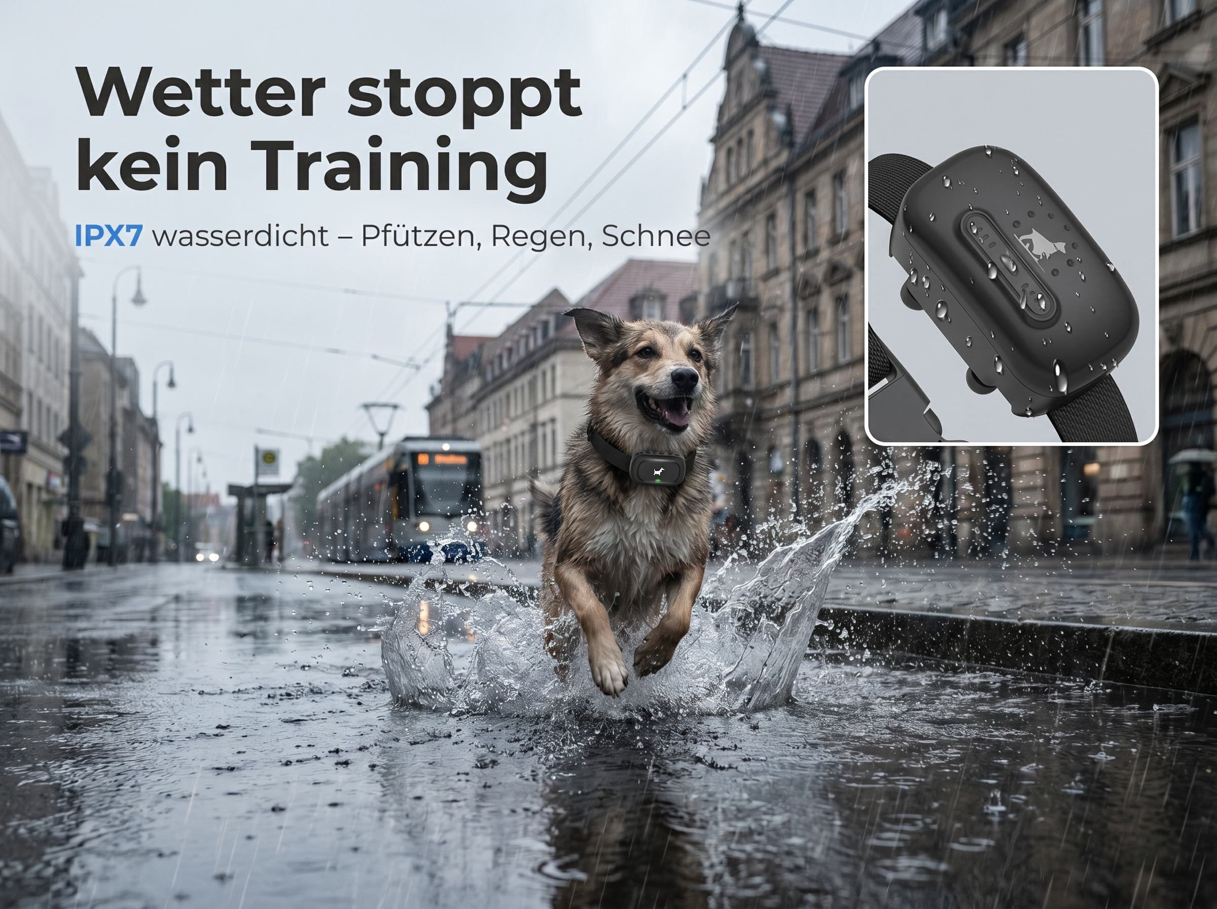 Ein Hund springt durch Pfützen im Regen, während ein Gerät am Halsband befestigt ist.