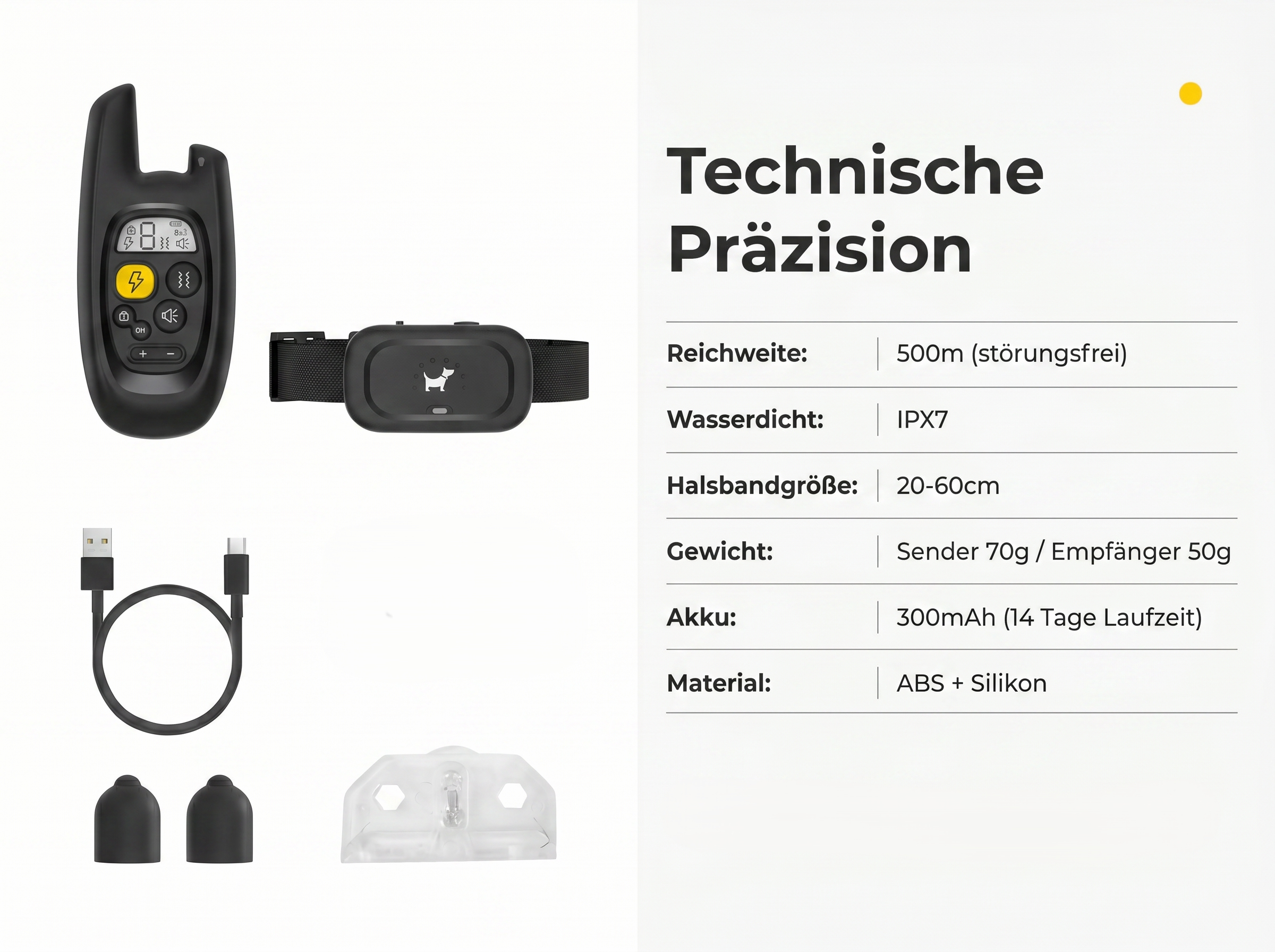 Ein schwarzer Hundehalsband-Sender, Empfänger, USB-Kabel und Zubehör.