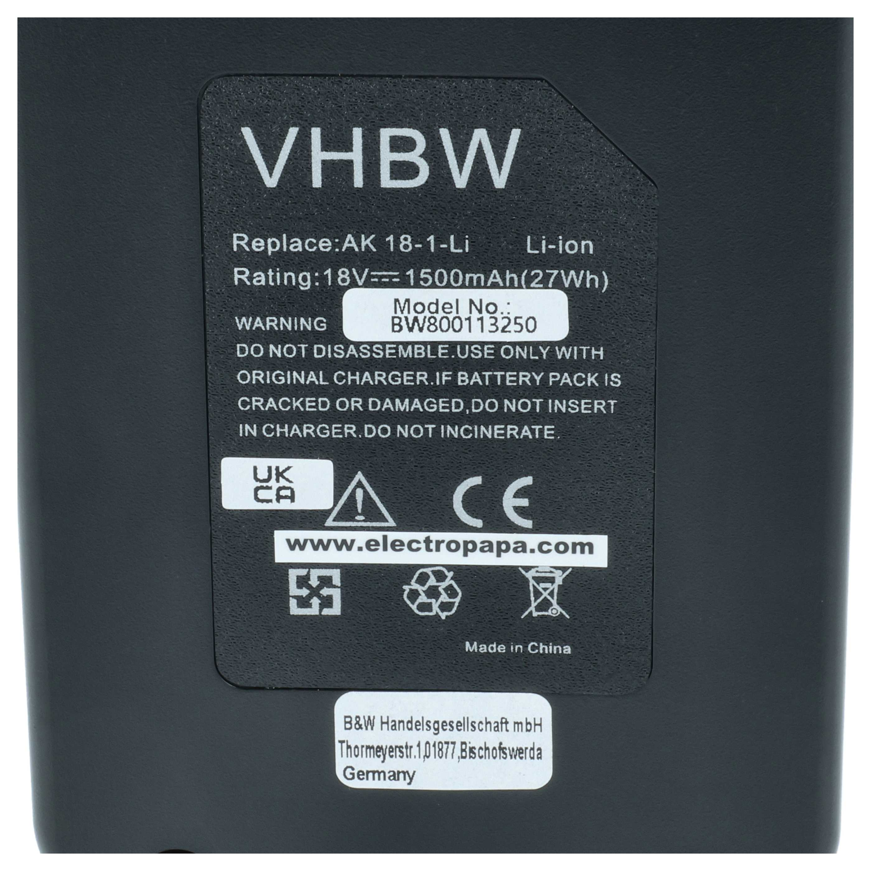 Schwarzer Akku mit Aufkleber: VHBW, 18V, 1500mAh, Modell BW800113250, Made in China.