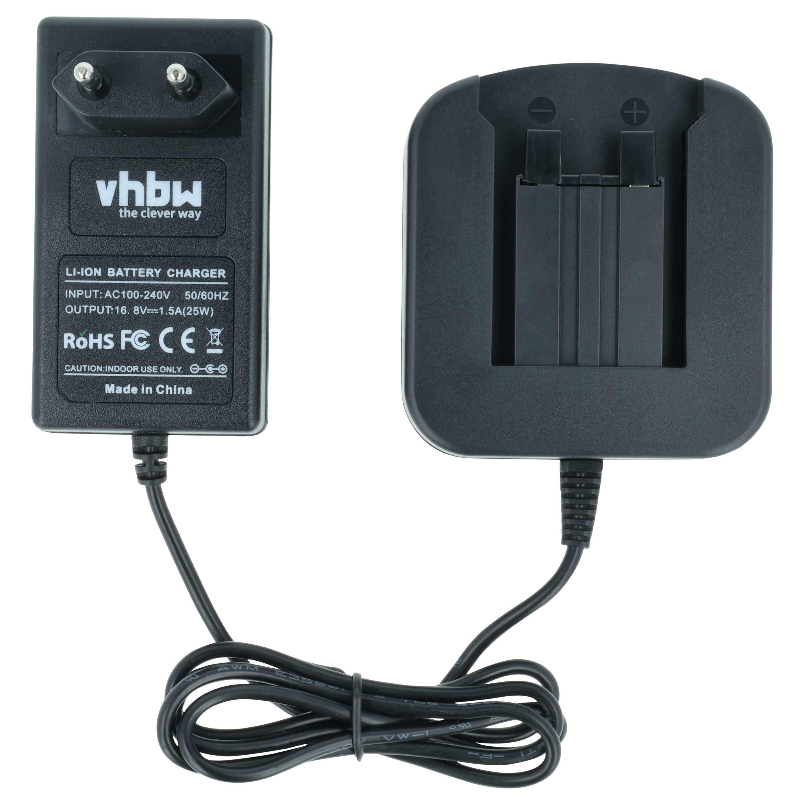 Ein schwarzes VHBW Li-Ion Ladegerät mit Netzteil und Ladeschale, auf weißem Hintergrund.